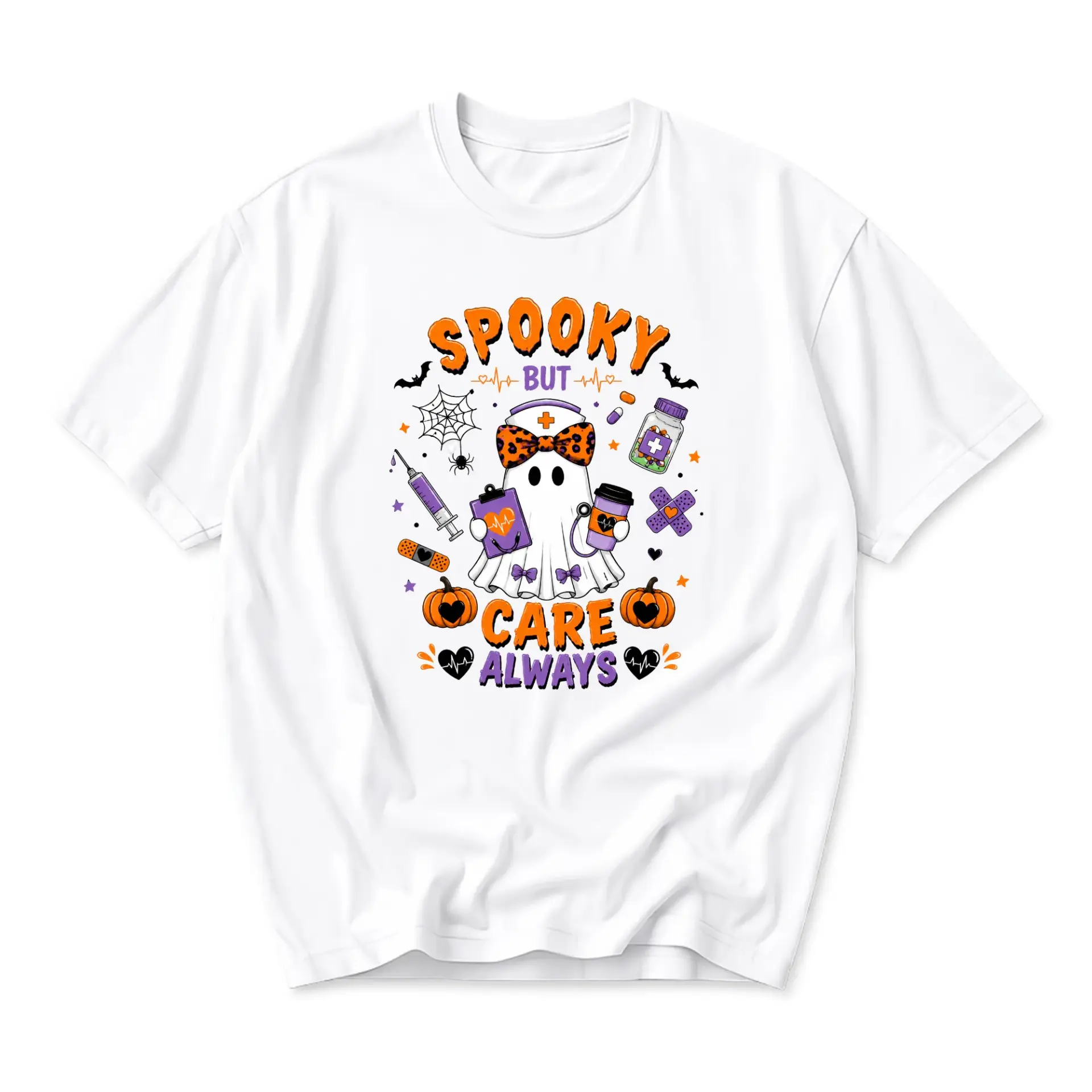 Graphic Tee Spooky but Care Always Design Unisex Crew Neck Shirt for Medical Professionals and Halloween Enthusiasts