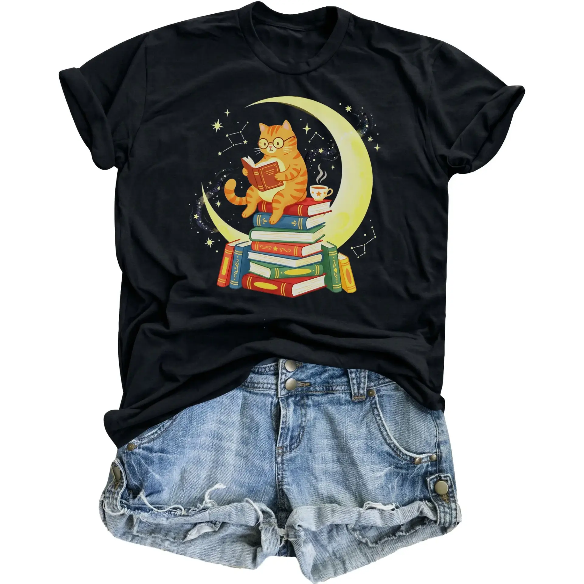 Graphic Tee Unisex Reading Cat on of Books T-Shirt Featuring Celestial Moon Design for Casual Wear