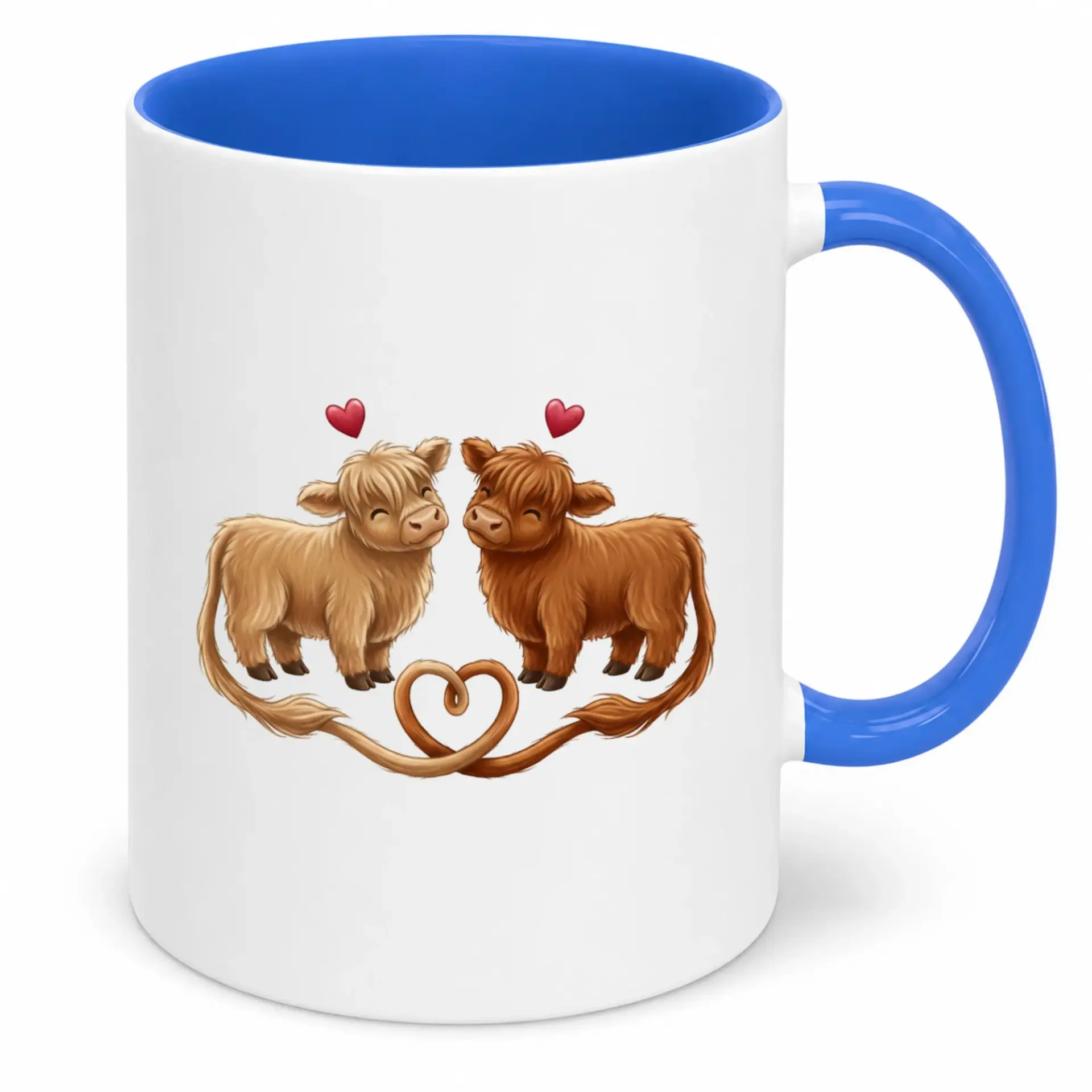 Highland Cow Couple Coffee Mug Cute Cartoon Animals with Hearts Ceramic Tea Cup Blue Handle and Interior Drinkware Gift
