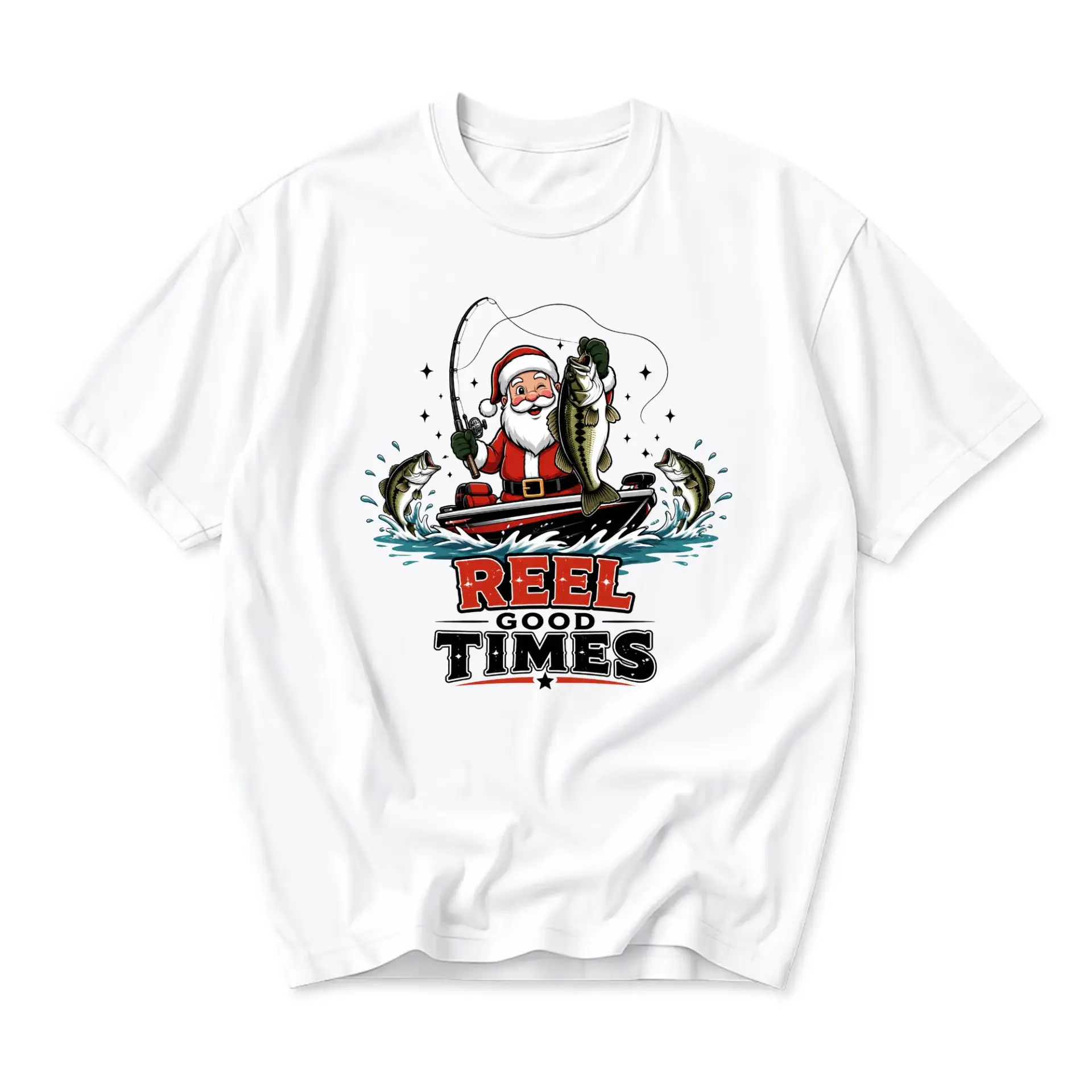 Funny Shirt Reel Good Times Graphic Tee Featuring Santa Claus Fishing in a