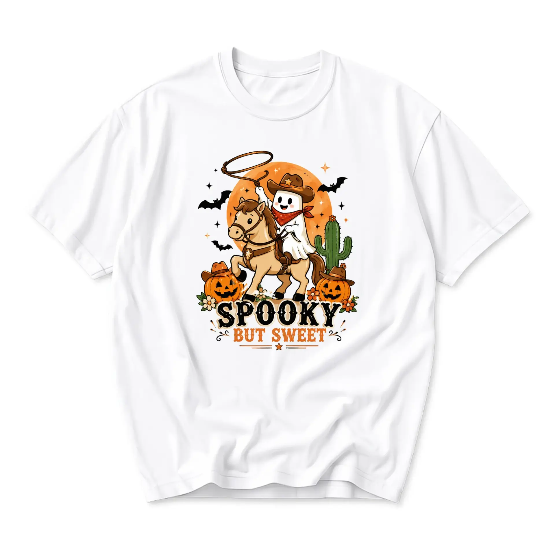 Funny Shirt Spooky but Sweet Ghost Cowboy Graphic Tee Western Halloween Unisex Crew Neck Casual Cotton Blend Top