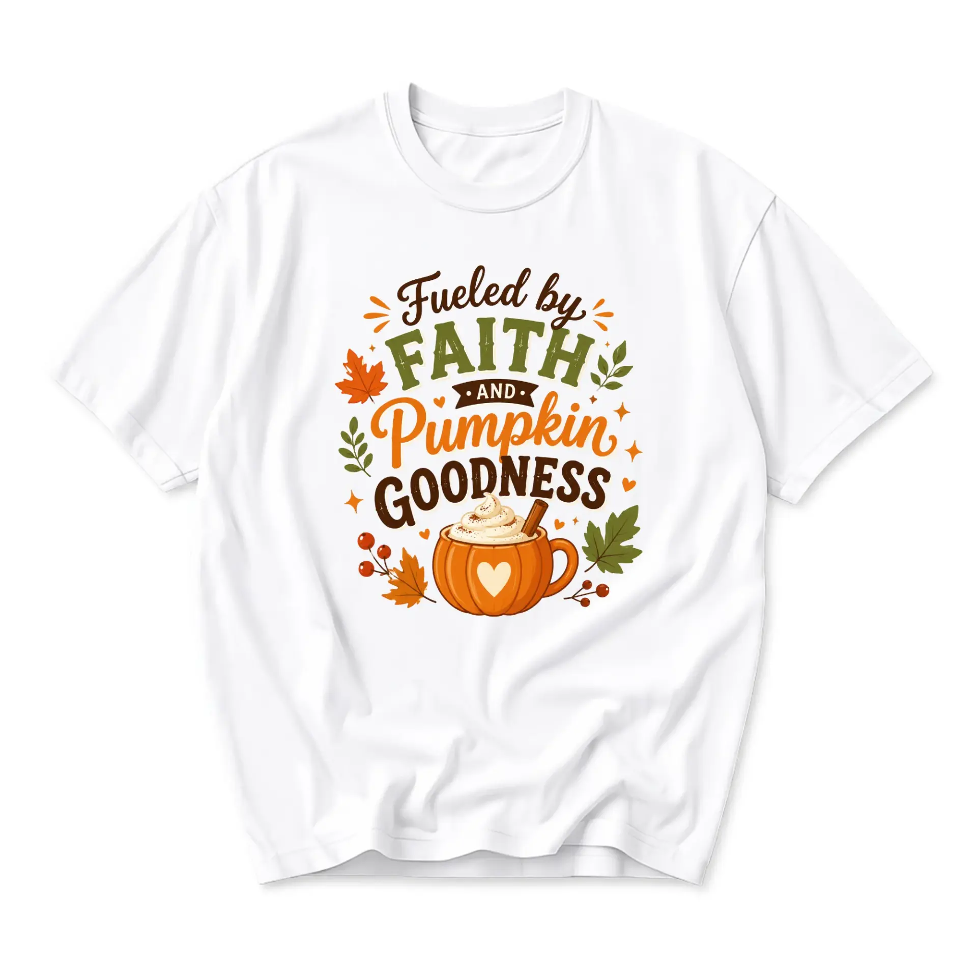 Graphic Tee Fueled by Faith and Pumpkin Goodness Autumn Themed Unisex Crew Neck Short Sleeve Casual Cotton Shirt
