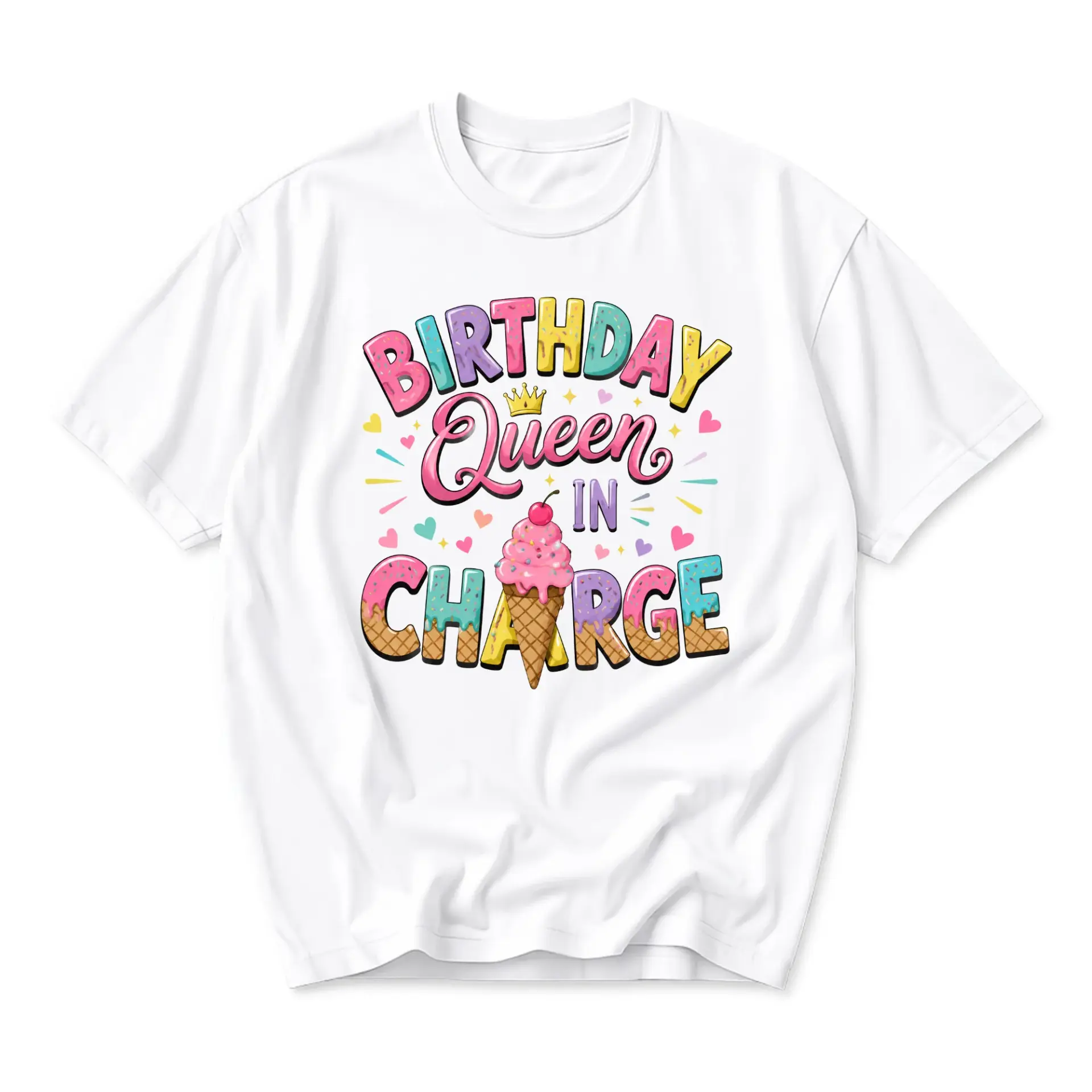 Birthday Queen in Charge Graphic Tee Unisex Crew Neck Casual Everyday Shirt for Celebration Enthusiasts White