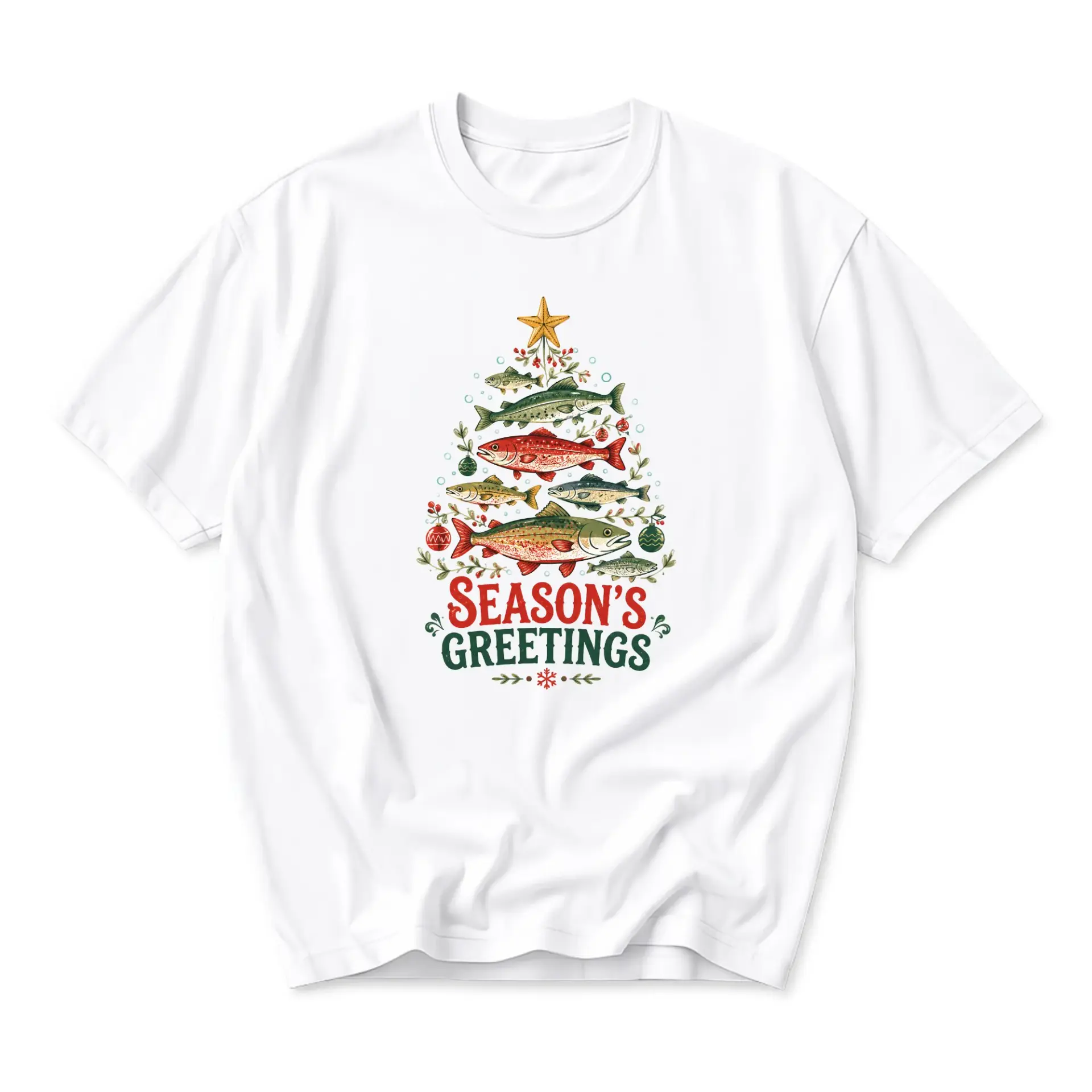 Funny Shirt Season's Greetings Fishing Christmas Tree Graphic Tee Unisex Crew Neck Casual Cotton Blend Apparel