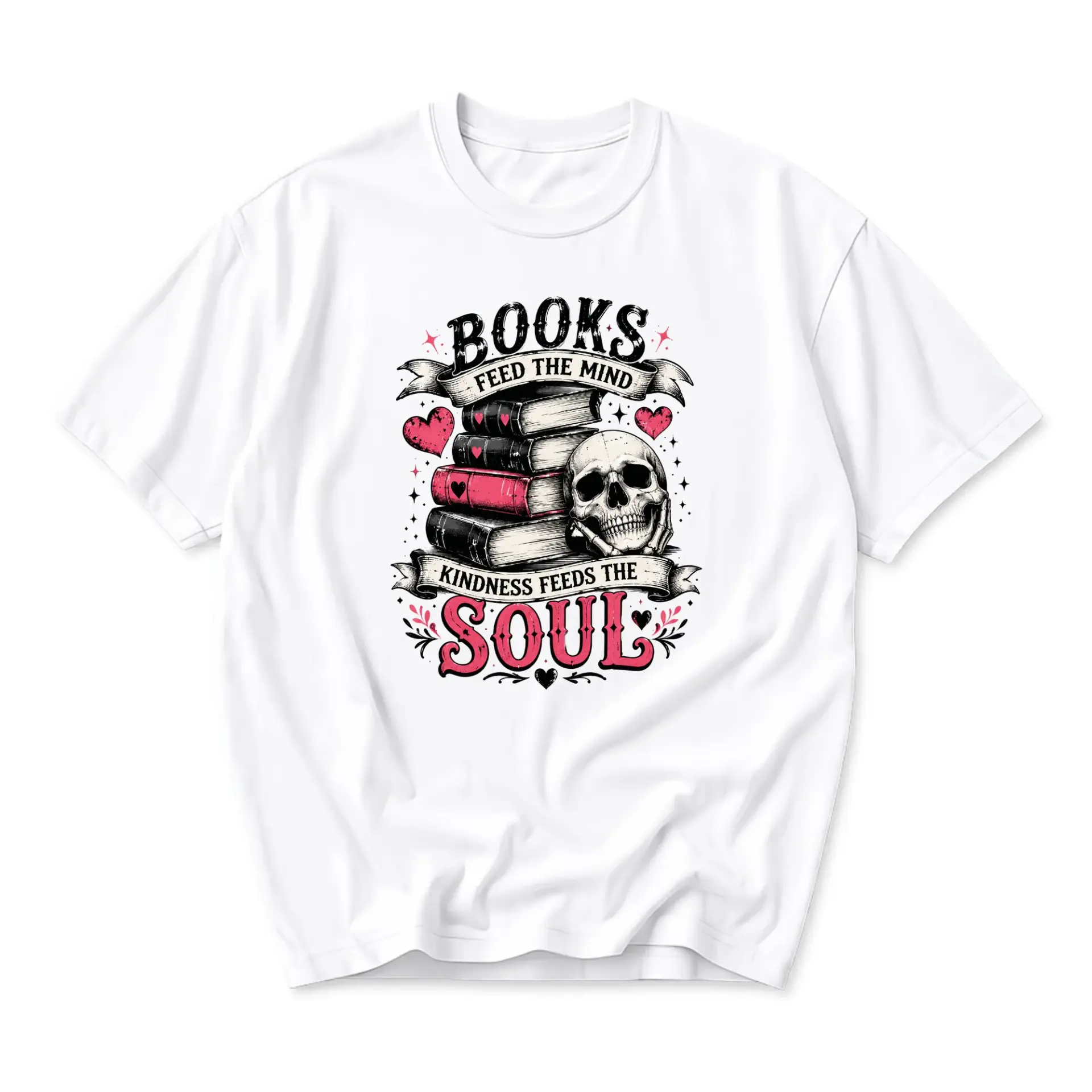 Graphic Tee Books Feed the Mind Kindness Feeds the Soul Unisex Crew Neck T-Shirt for Casual Everyday Wear