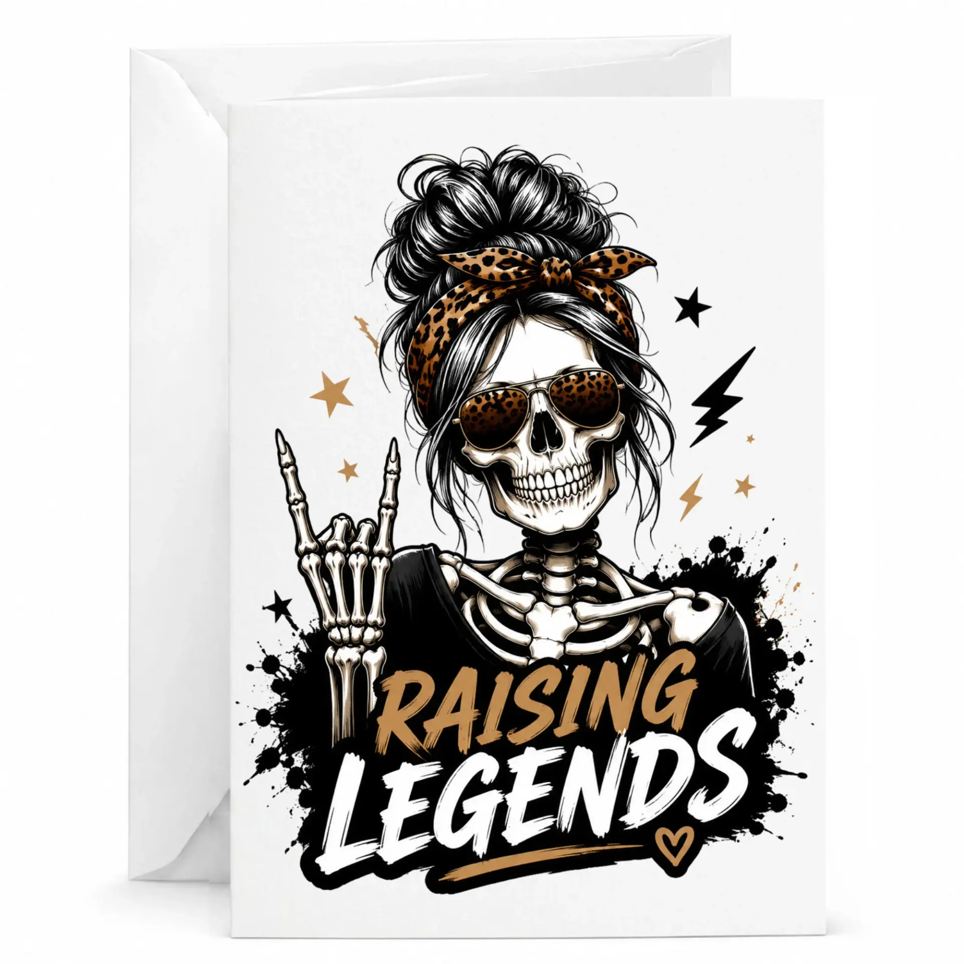 Funny Greeting Card Raising Skeleton Graphic Rock Hand Gesture Print for Birthday and Encouragement