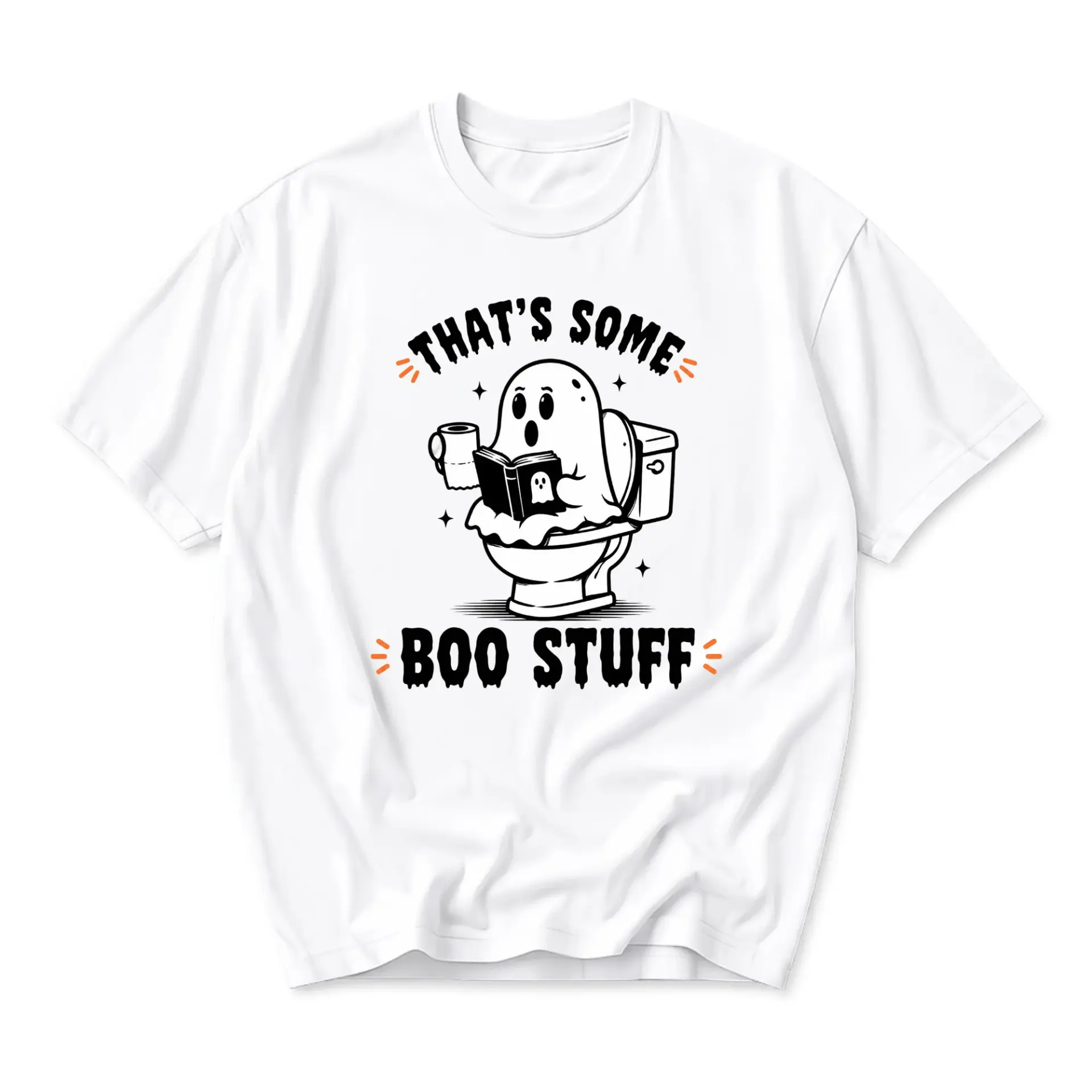 Funny Shirt That's Some Boo Stuff Ghost Reading on Toilet Graphic Unisex Crew Neck Casual Everyday Short Sleeve Tee