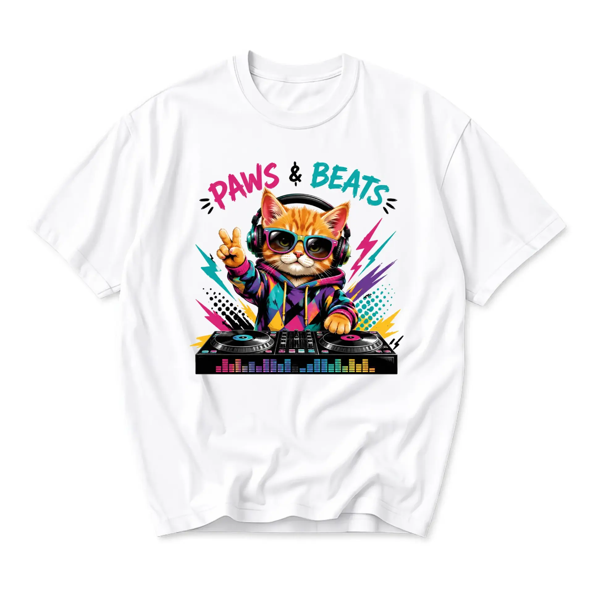 Graphic Tee Paws and Beats Dj Cat T-Shirt Featuring Vibrant Music Loving Kitten Wearing Headphones and Retro Sunglasses