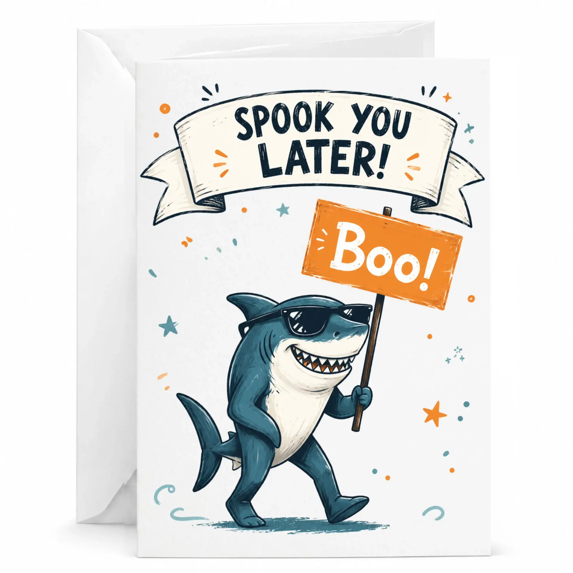 Funny Greeting Card Spook You Later Shark Illustration with Boo Sign for Halloween and Fall