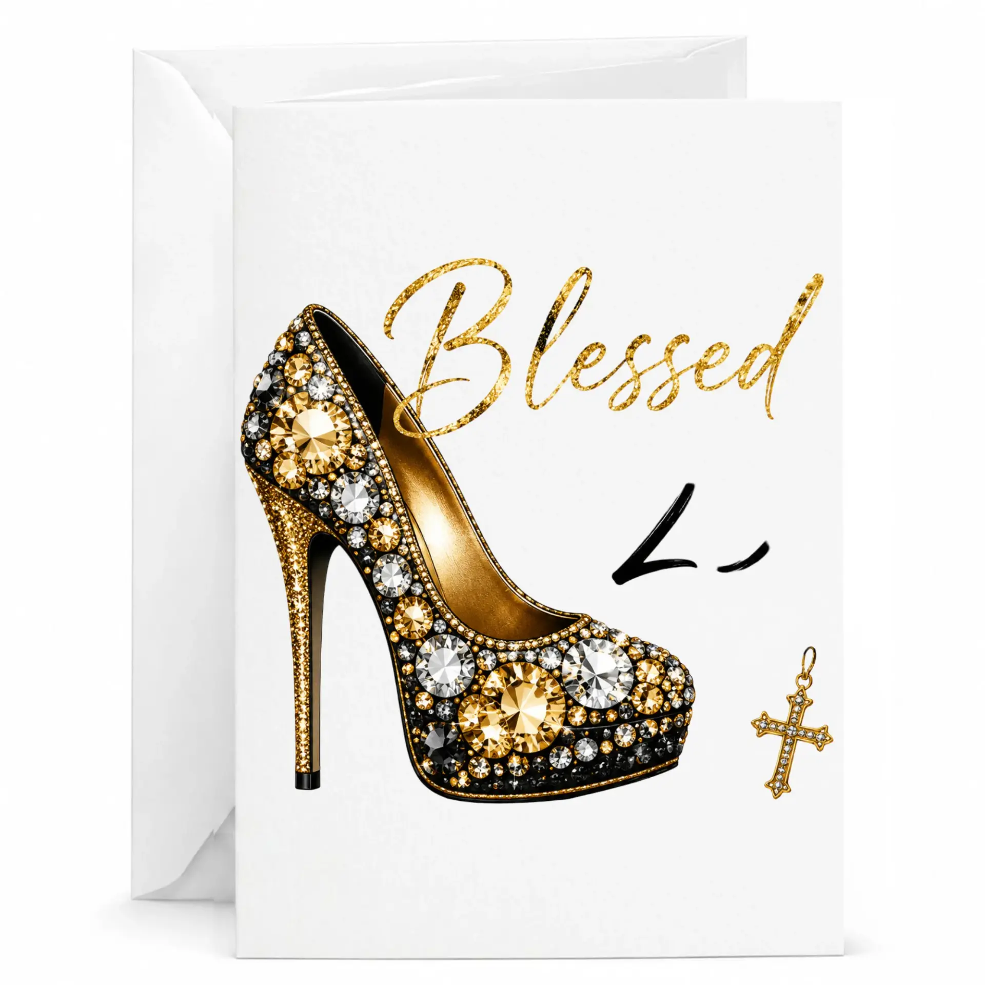 Blessed Fashion Stiletto High Heel Greeting Card with Gold Accents and Rhinestone Style Decorative Artwork