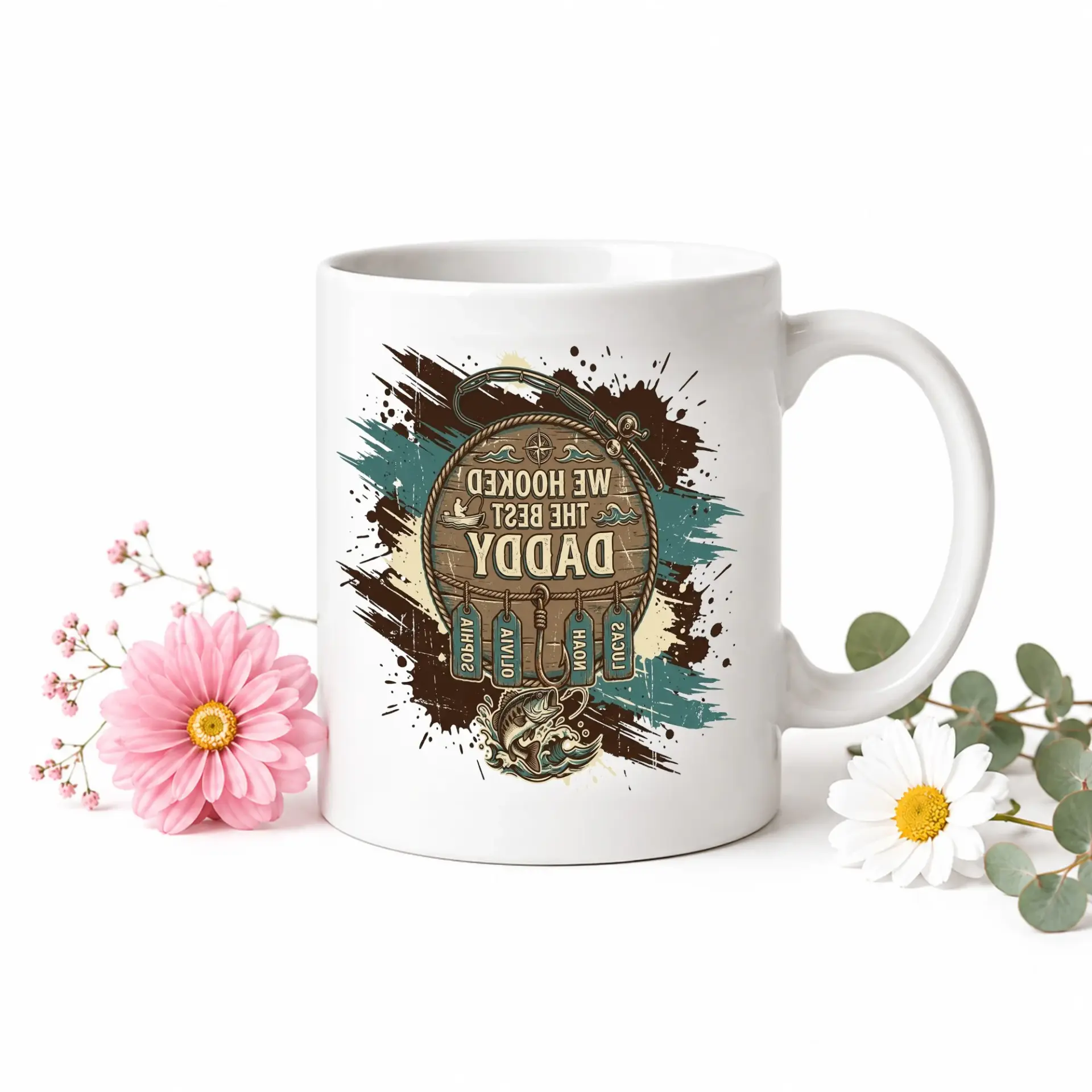 Personalized Fishing Theme Ceramic Coffee Mug for Dad Featuring Custom Names and Outdoor Adventure Graphic Design Style