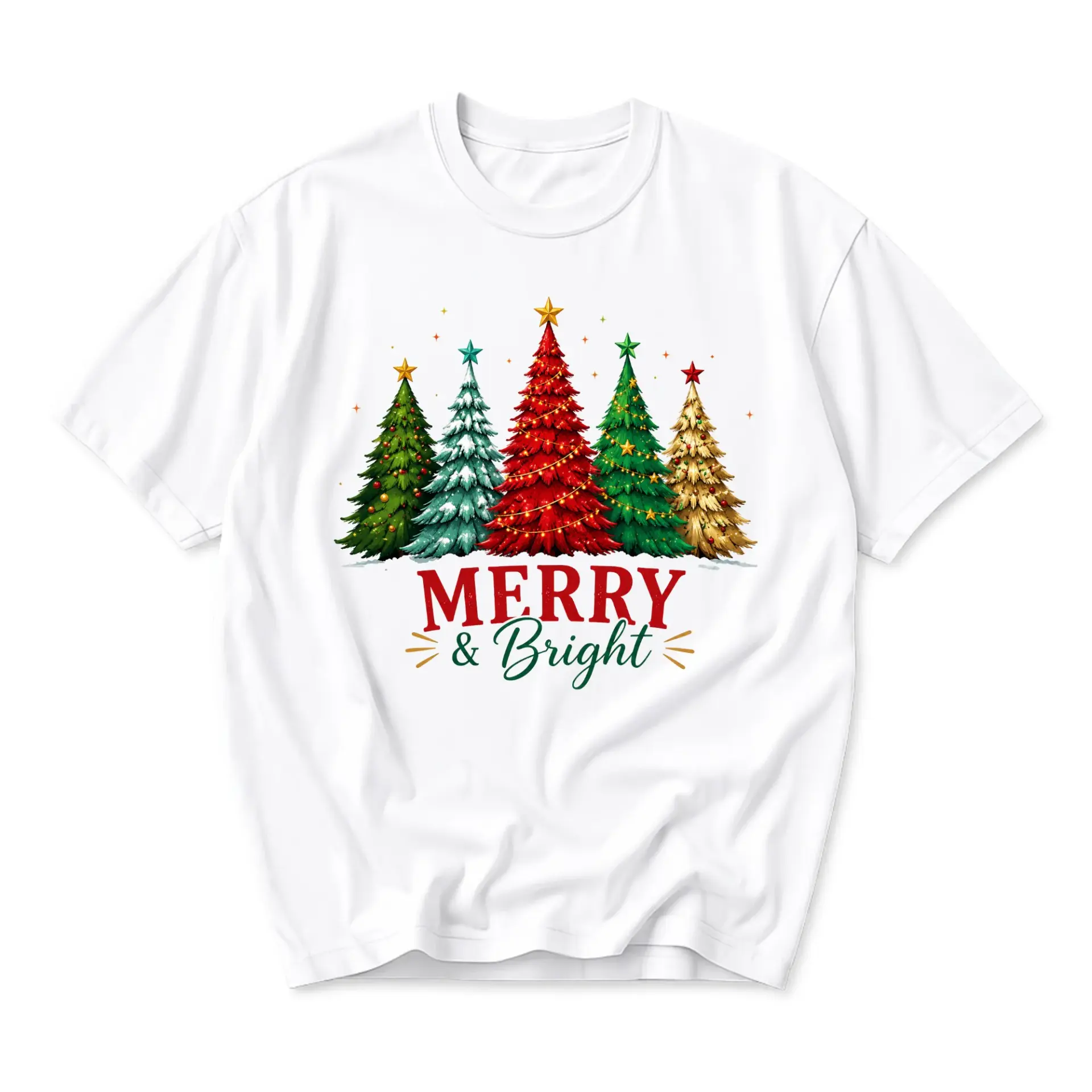 Graphic Tee Merry and Bright Christmas Tree Design Unisex Crew Neck Short Sleeve Casual Holiday Apparel White Shirt