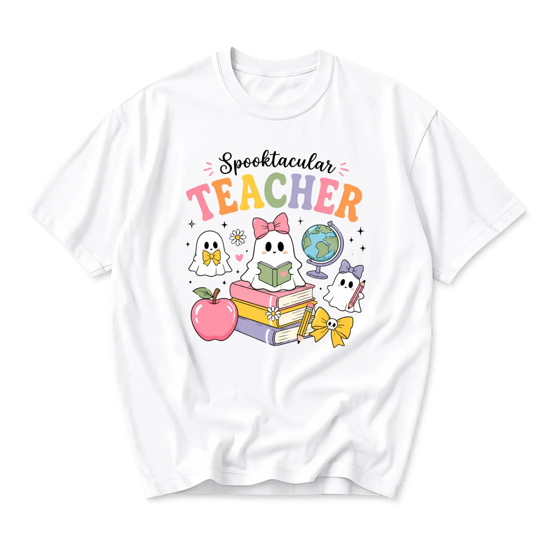 Funny Shirt Spooktacular Teacher Graphic Tee Unisex Crew Neck Casual Everyday Wear Soft Cotton Blend White T-Shirt