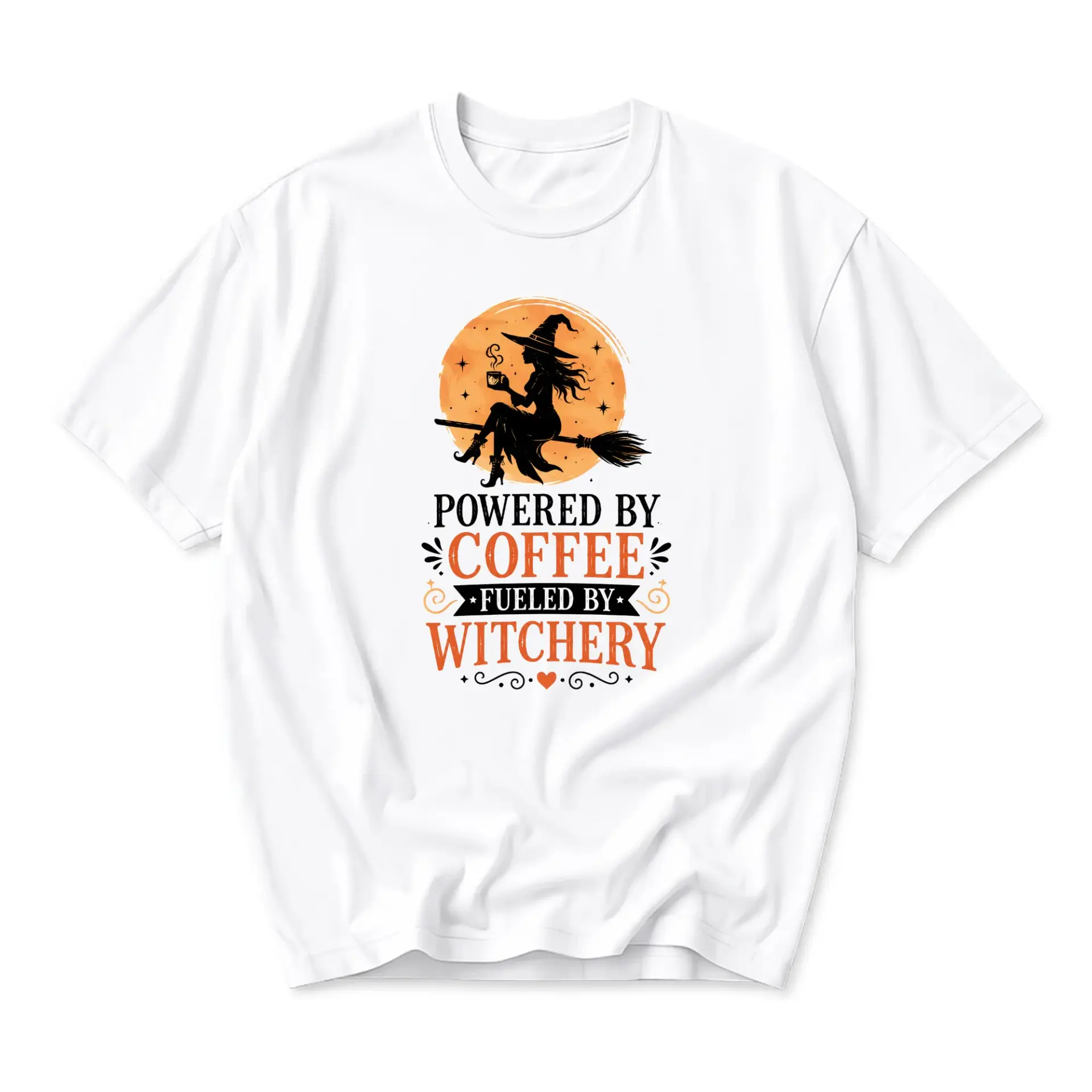 Graphic Tee Powered by Coffee Fueled by Witchery Funny Witch Halloween T-Shirt Unisex Crew Neck Casual Cotton Top