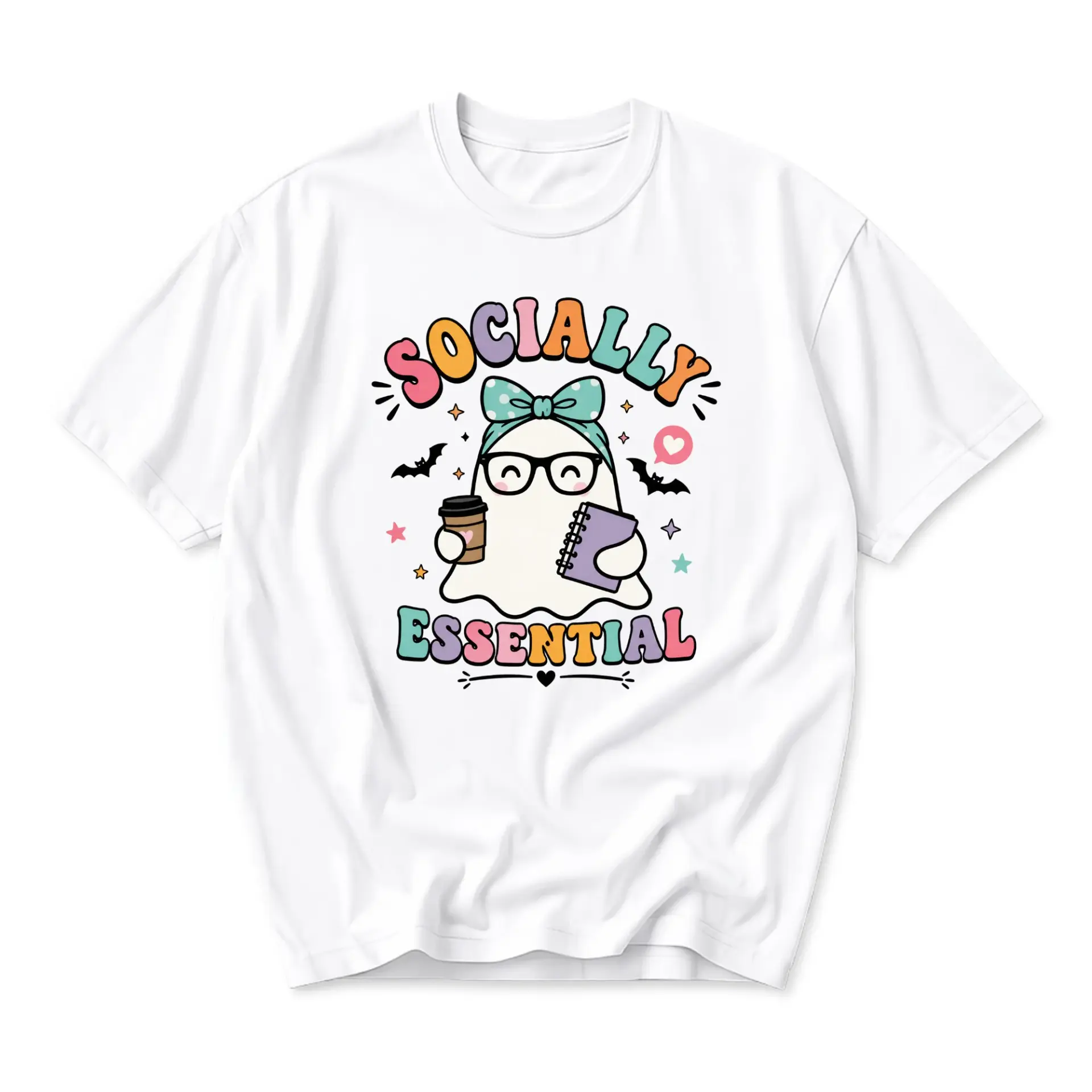 Graphic Tee Socially Essential Ghost Print T-Shirt Funny Casual Unisex Crew Neck Top for Everyday Wear and Self Expression