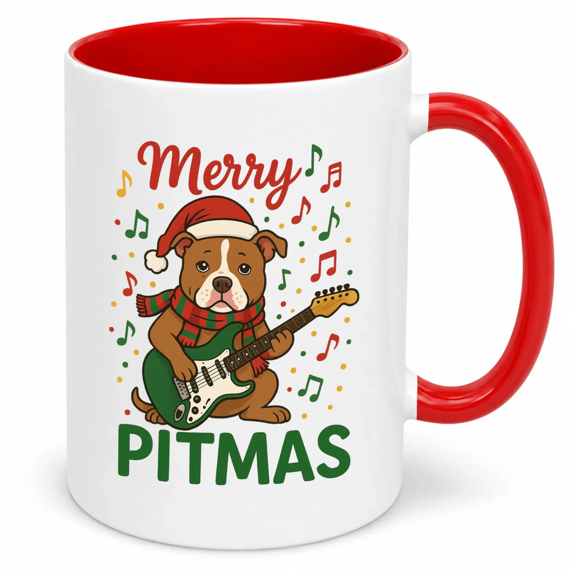 Funny Pit Bull Dog Playing Guitar Christmas Ceramic Coffee Mug - Festive Holiday Pitmas Music Theme Drinkware for Dog Owners & Music Lovers