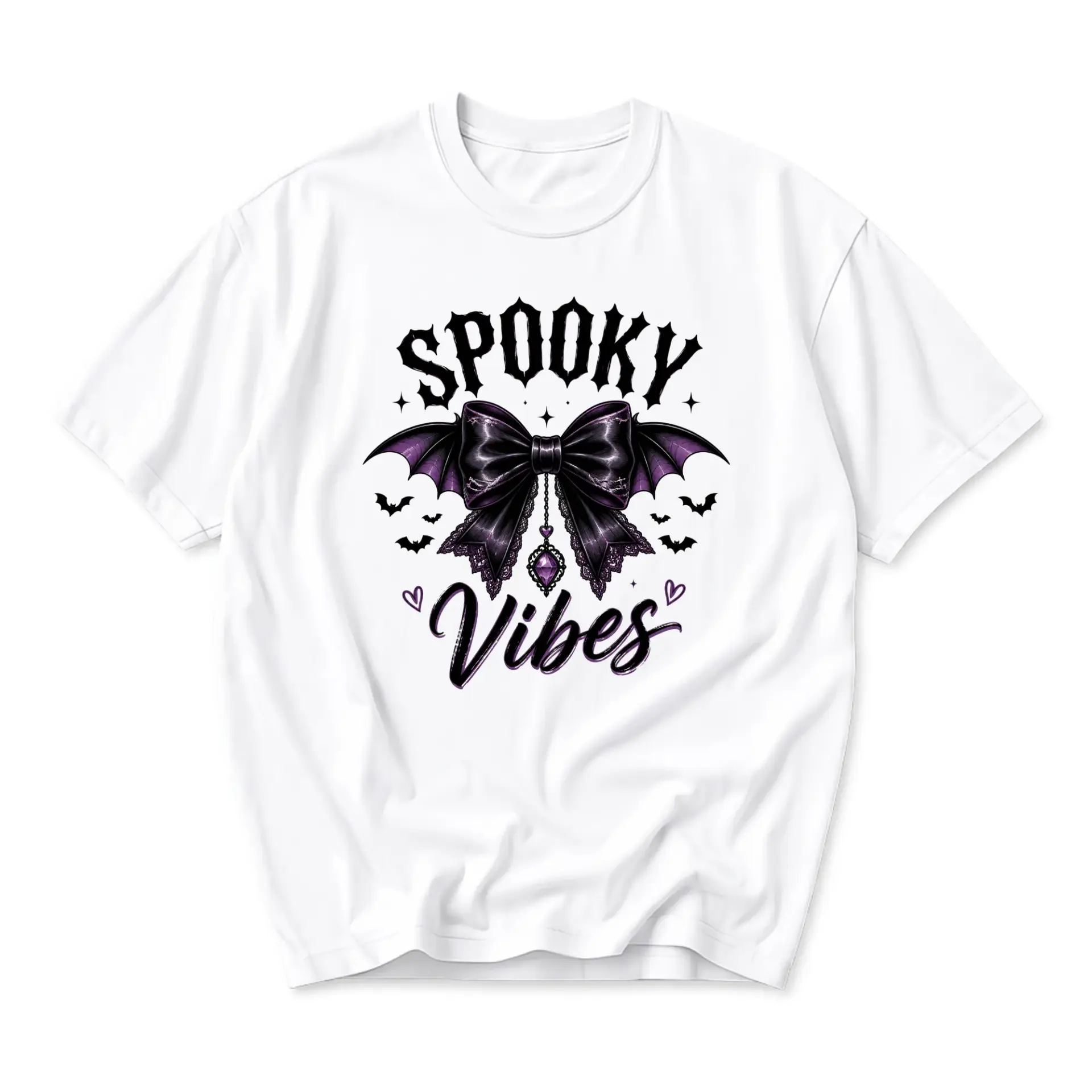 Graphic Tee Spooky Vibes Bow T-Shirt Unisex Casual Crew Neck Short Sleeve Cotton Blend Top for Everyday Wear