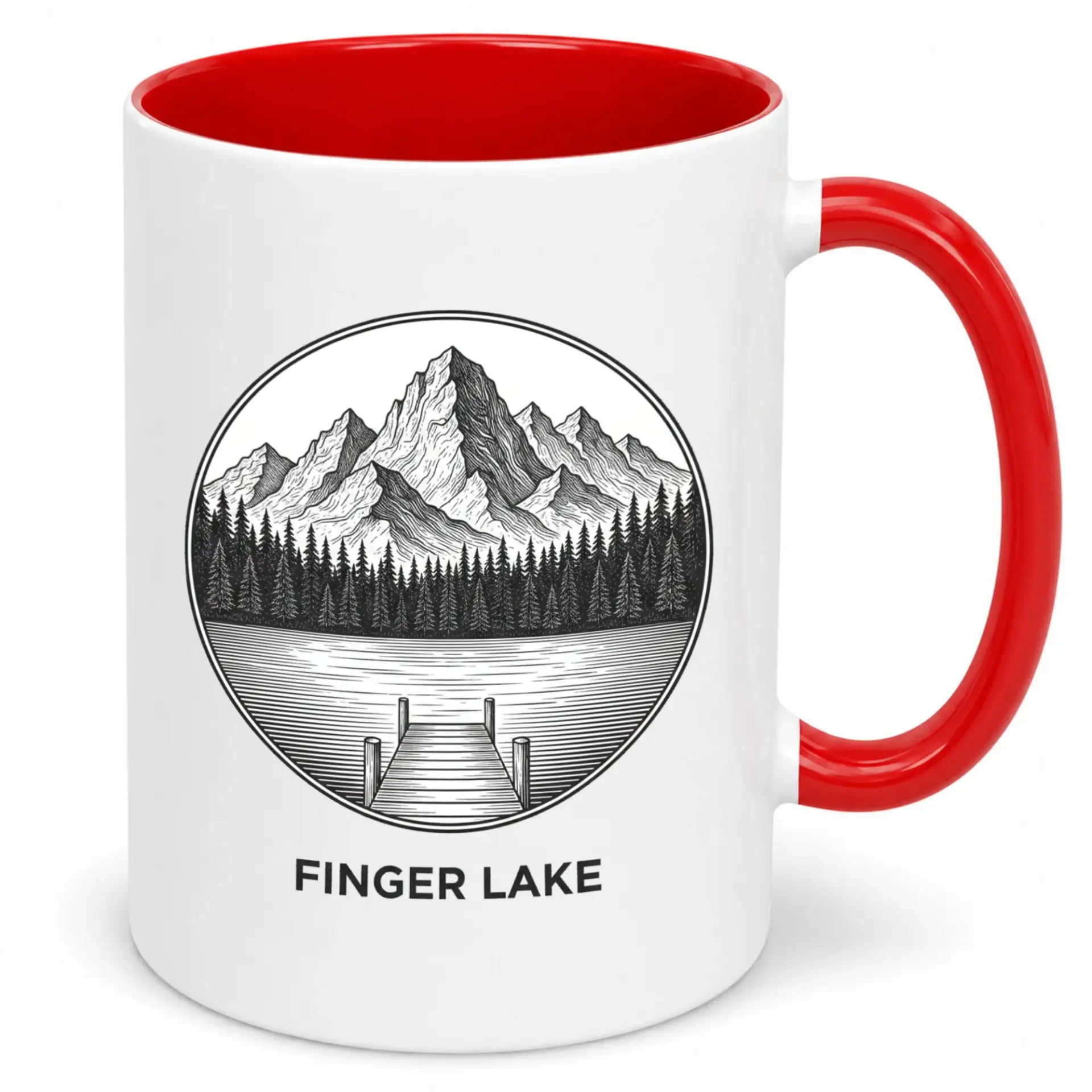Ceramic Coffee Mug with Mountain Lake & Forest Scenery, Finger Lake Nature Outdoors Design Drinkware, Sturdy White Cup with Red Handle