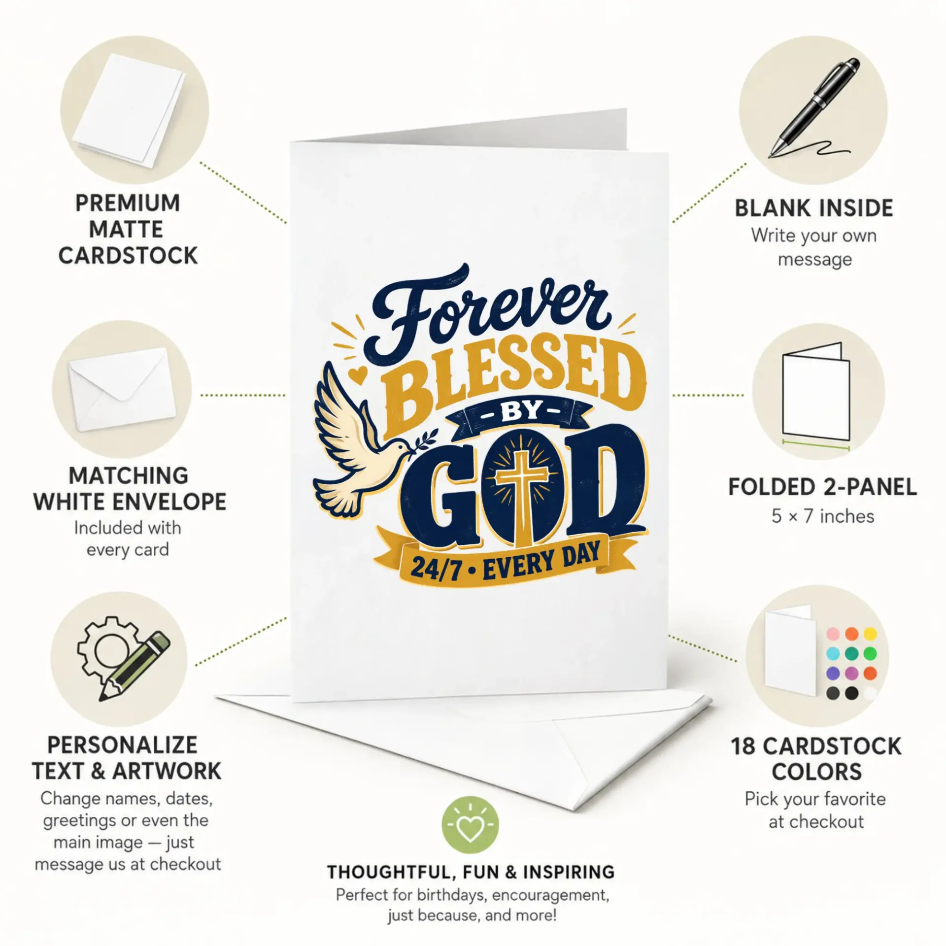 Greeting Card Forever Blessed by God Inspirational Religious Message Decorative Stationery for Special Occasions