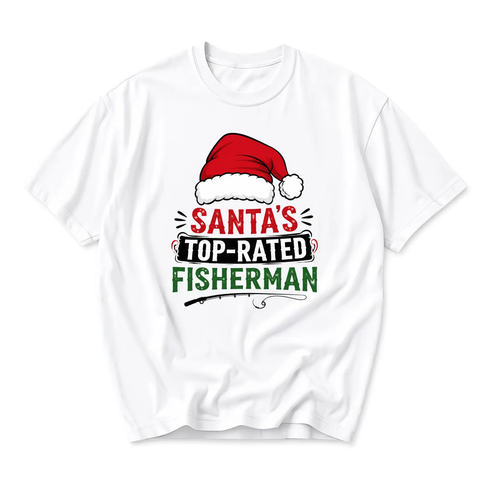 Funny Shirt Santa's Top-Rated Fisherman Graphic Tee Holiday Fishing Themed Unisex Crew-Neck Casual Cotton Blend Top