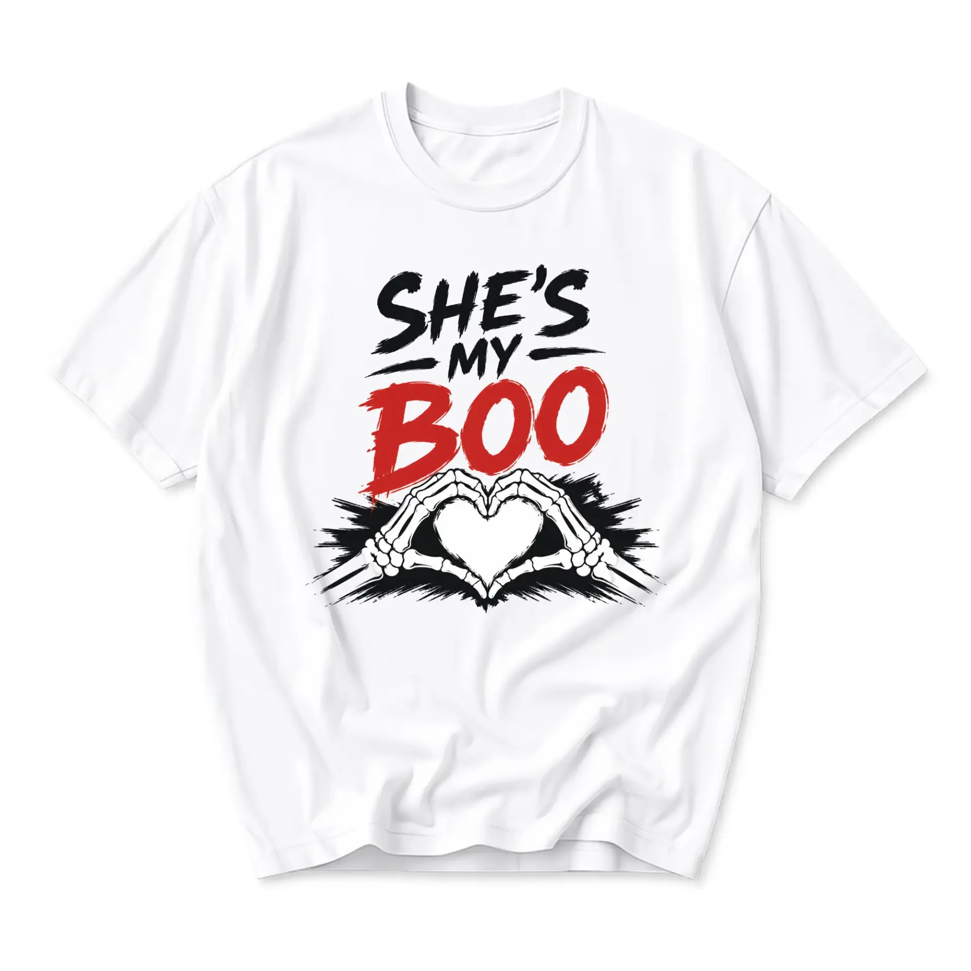 Graphic Tee She Is My Boo Skeleton Heart Design Unisex Crew Neck Short Sleeve Casual Shirt for Everyday Wear