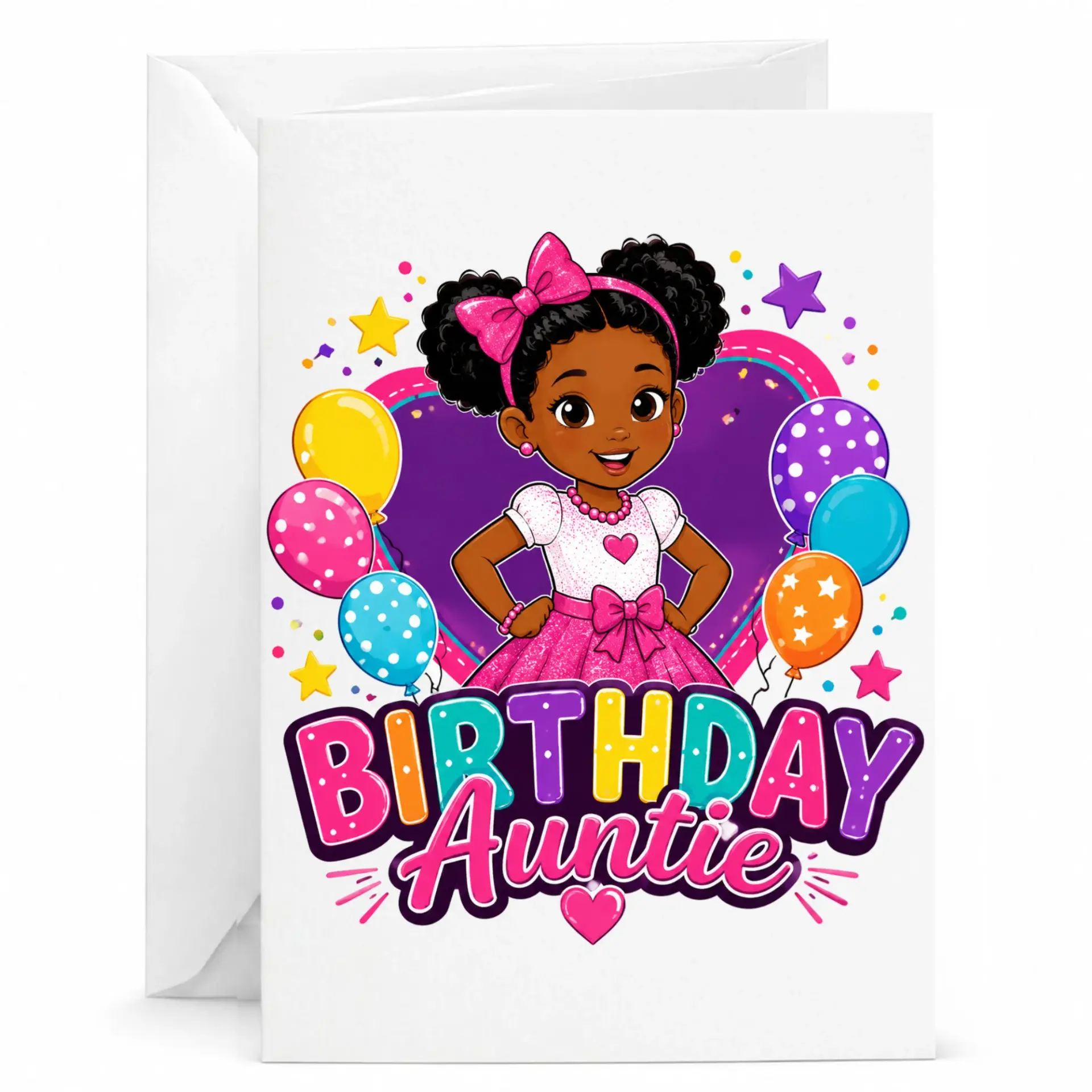 Birthday Card for Auntie Featuring Cute Illustrated Girl with Balloons and Colorful Heart Design Greeting Stationery