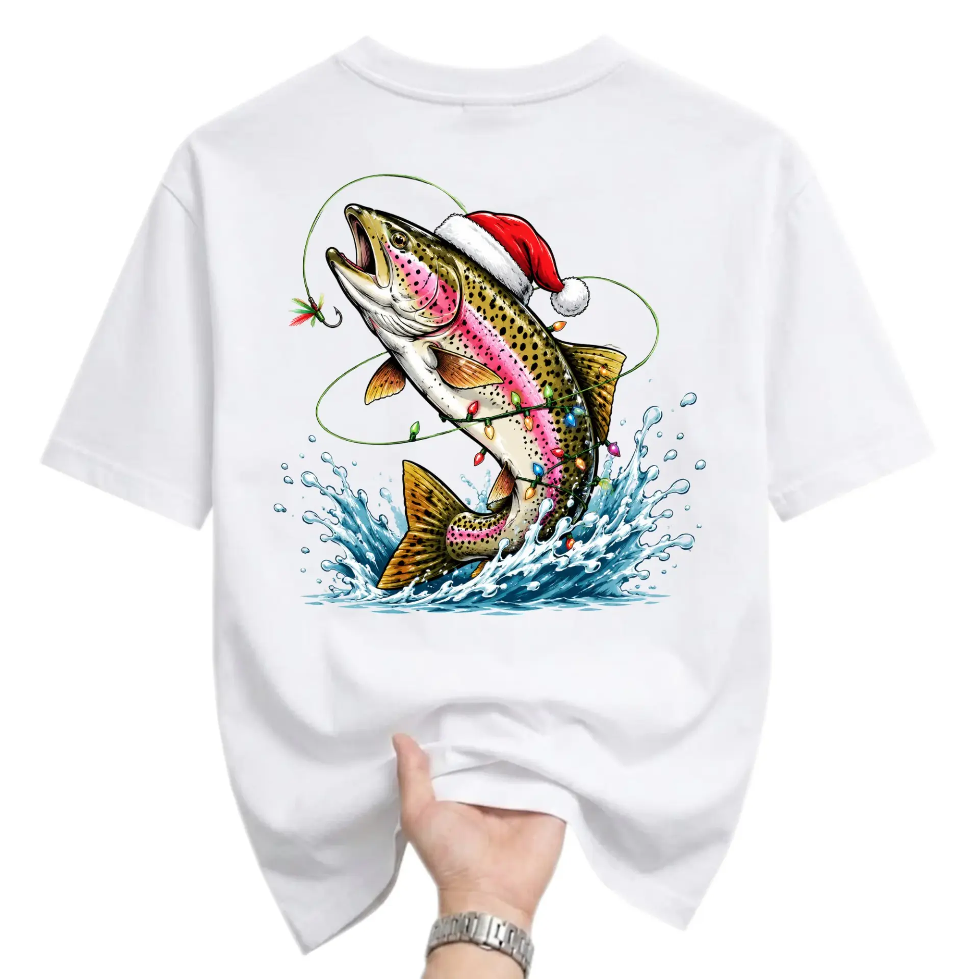 Graphic Tee Christmas Fishing Shirt Featuring Jumping Rainbow Trout Wearing a Santa Hat for Seasonal Casual Wear