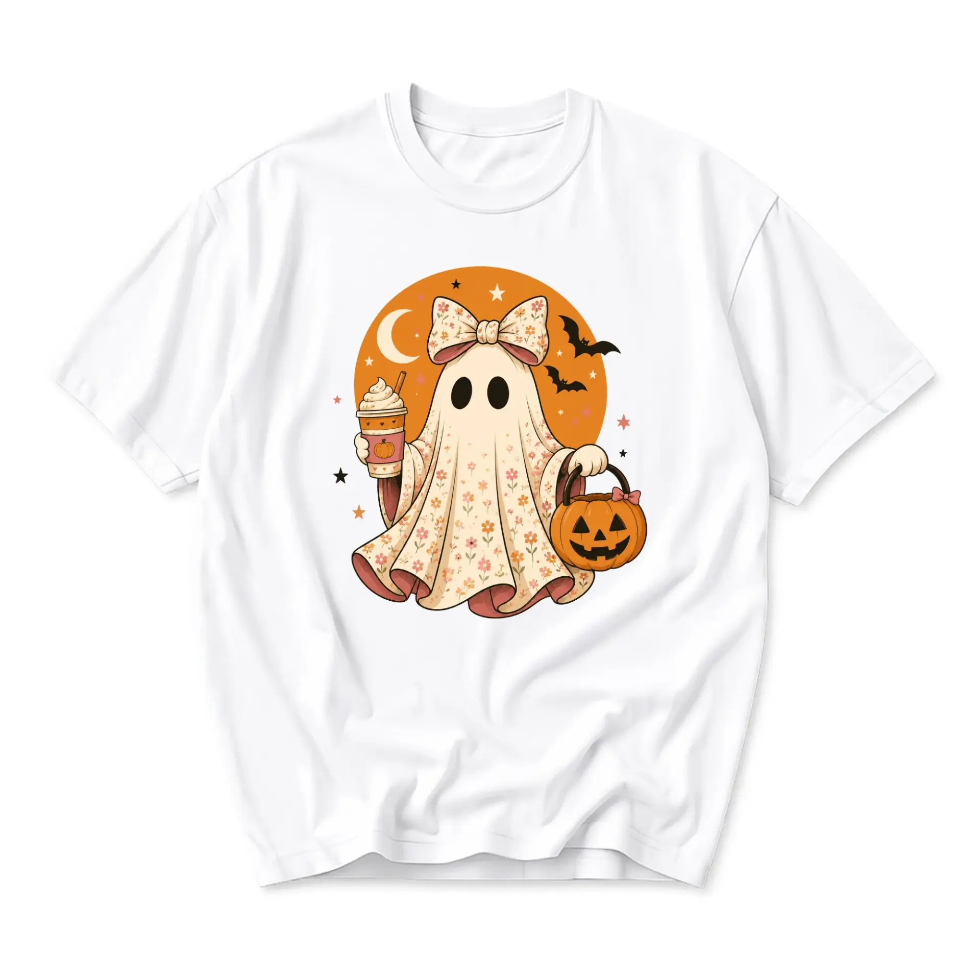 Graphic Tee Unisex Floral Ghost Halloween Shirt Cute Fall Apparel Seasonal Aesthetic Crew Neck Cotton Blend Top