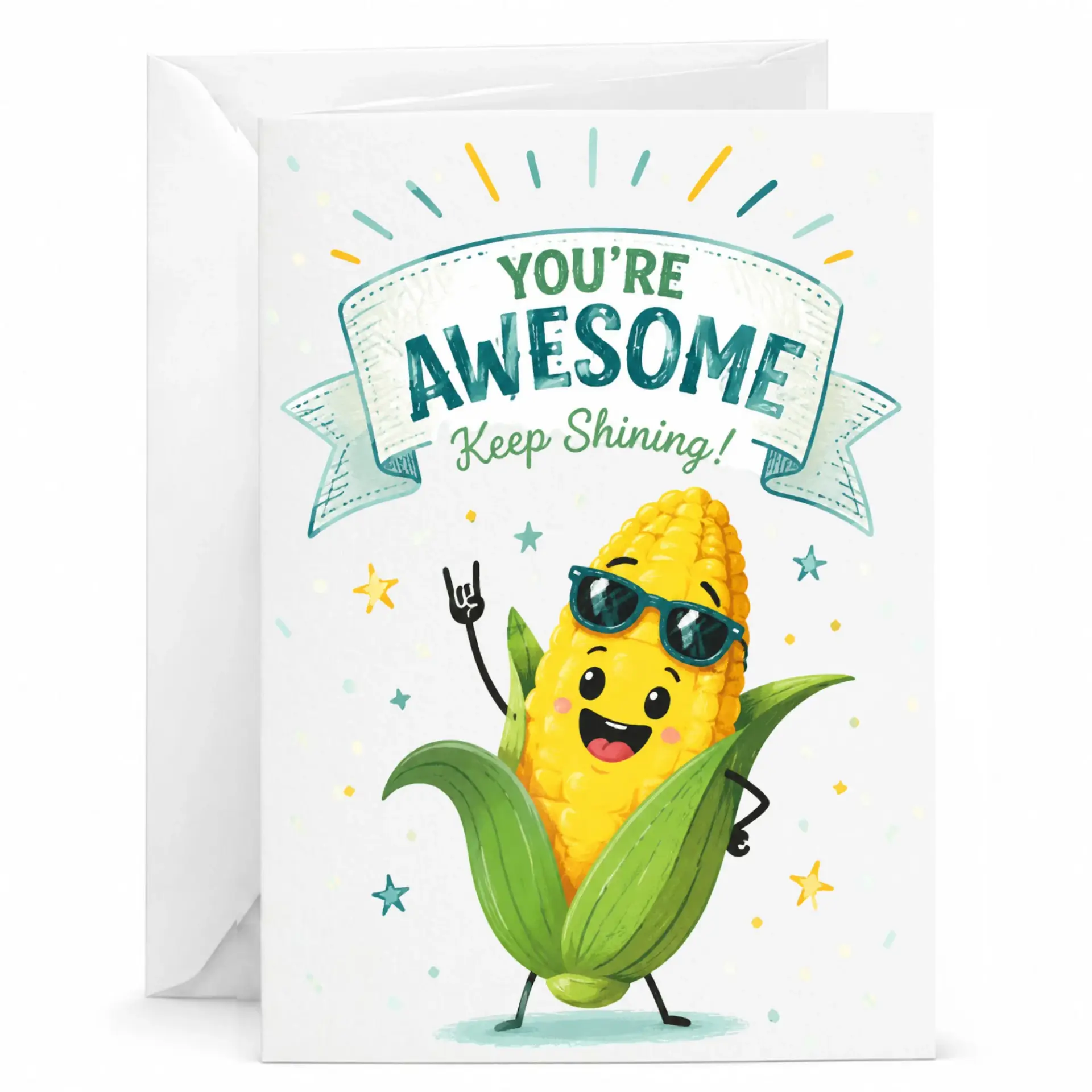 Funny Corn Greeting Card, Awesome Pun Encouragement Note for Friends, Cute Vegetable Character Card with Envelope