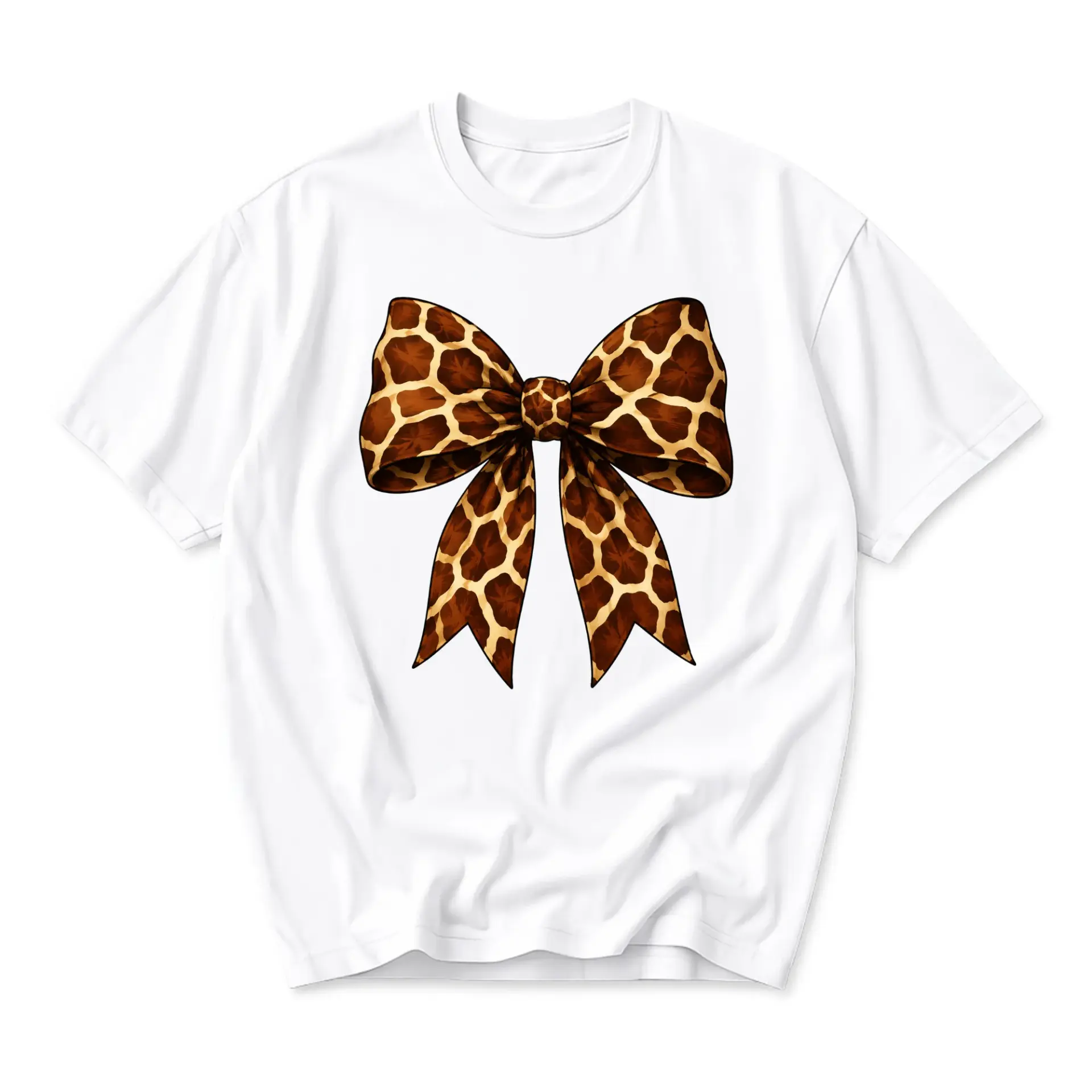 Graphic Tee Unisex Short Sleeve Crew Neck Shirt Featuring a Large Artistic Giraffe Animal Print Bow Illustration