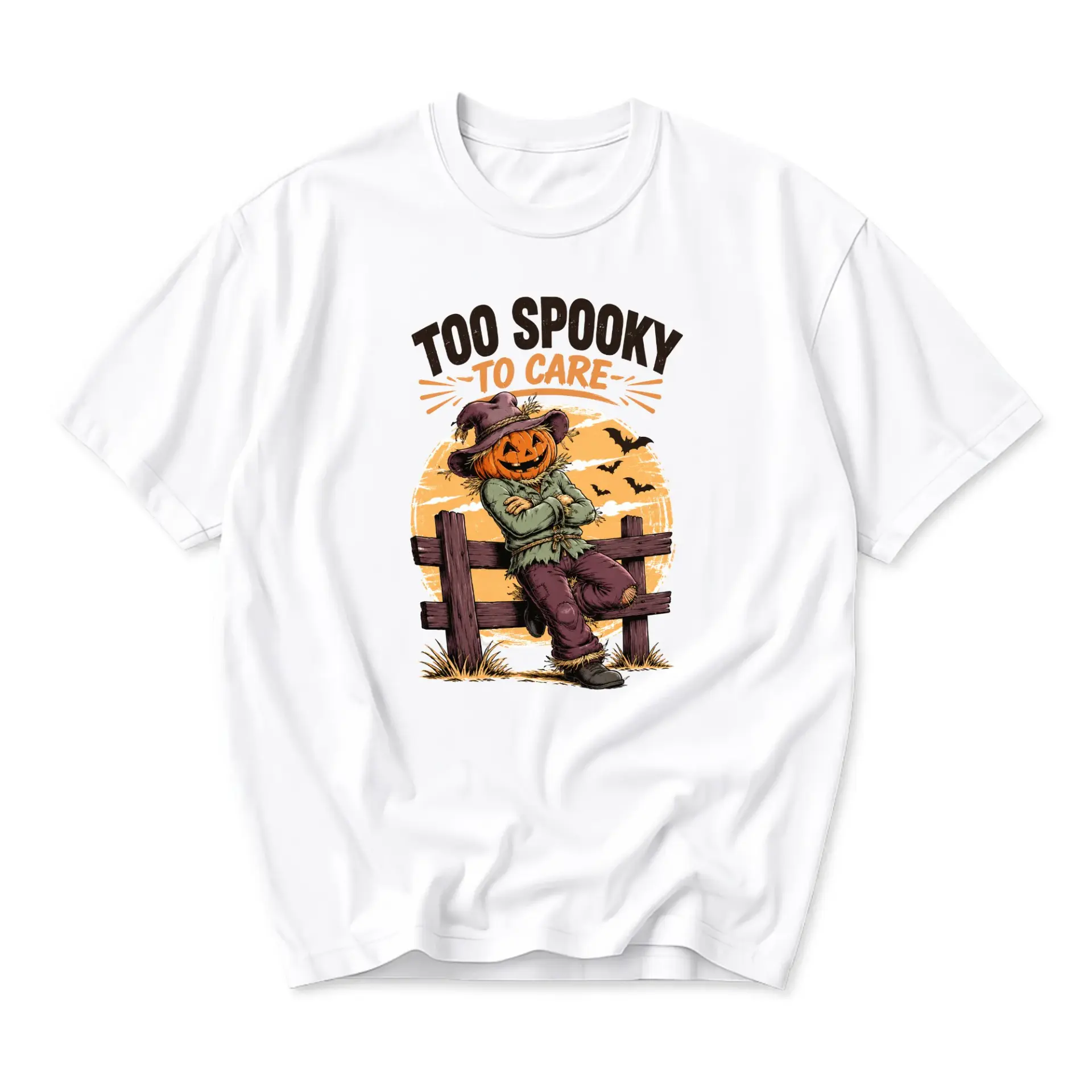 Funny Shirt Too Spooky to Care Halloween Pumpkin Scarecrow Graphic Printed Unisex Crew Neck Casual Cotton Tee