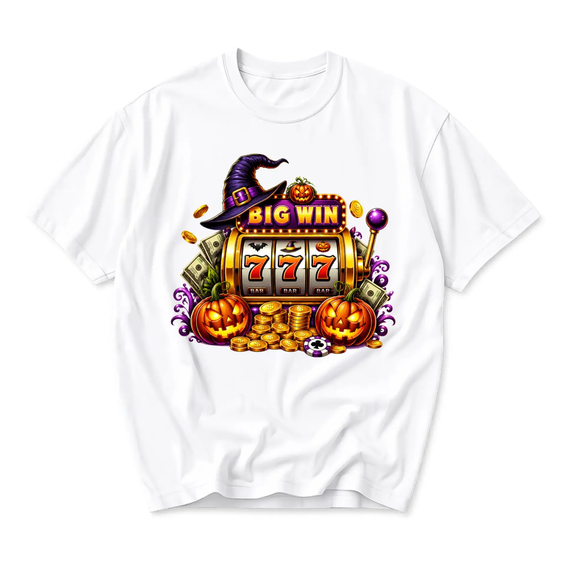 Graphic Tee Unisex Slot Machine Halloween Pumpkin Print Soft Cotton Blend Casual Short Sleeve Everyday Shirt Top