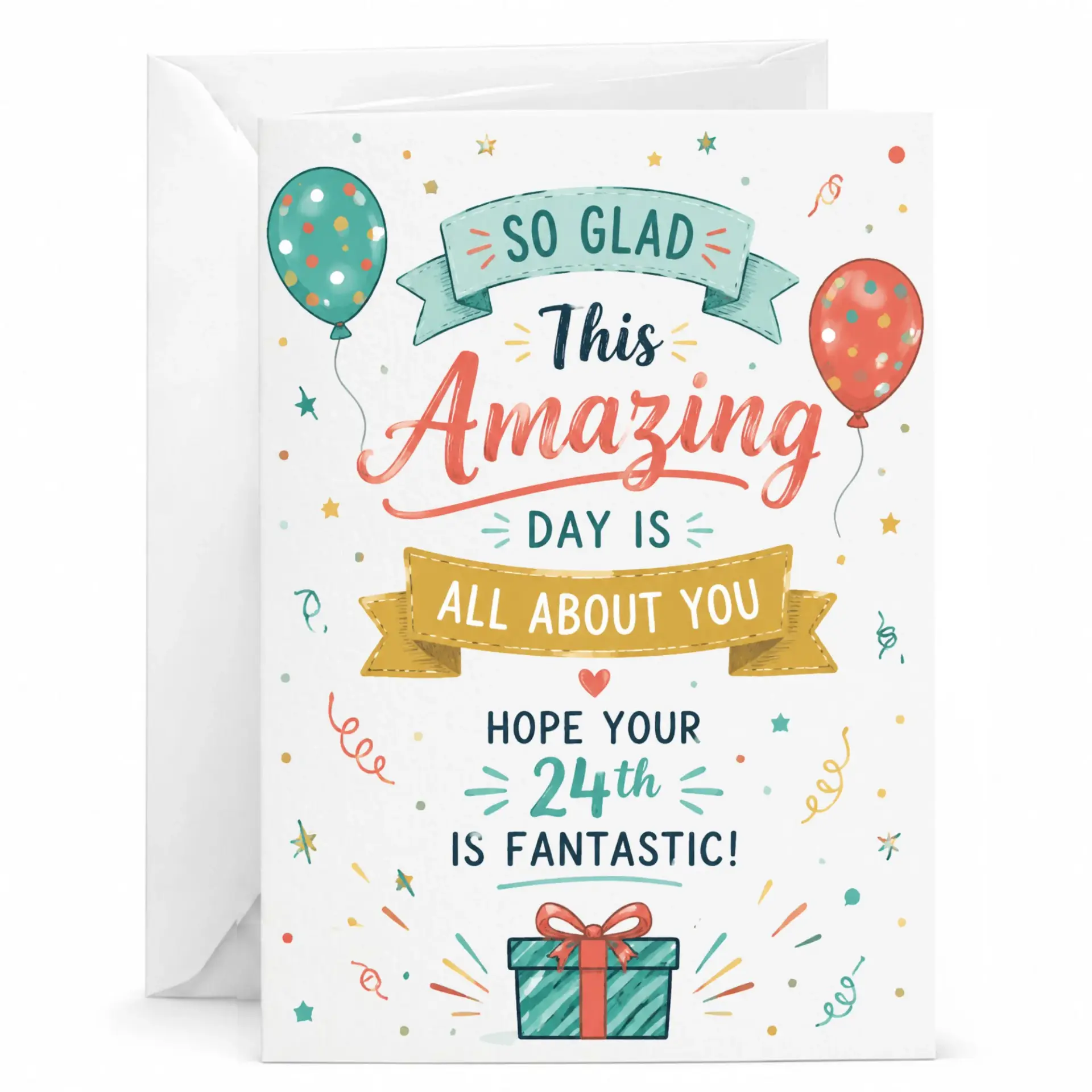 Birthday Card for 24th Birthday Celebration Joyful Party Design with Balloons and Gift Box Greeting Card 5x7 Inches