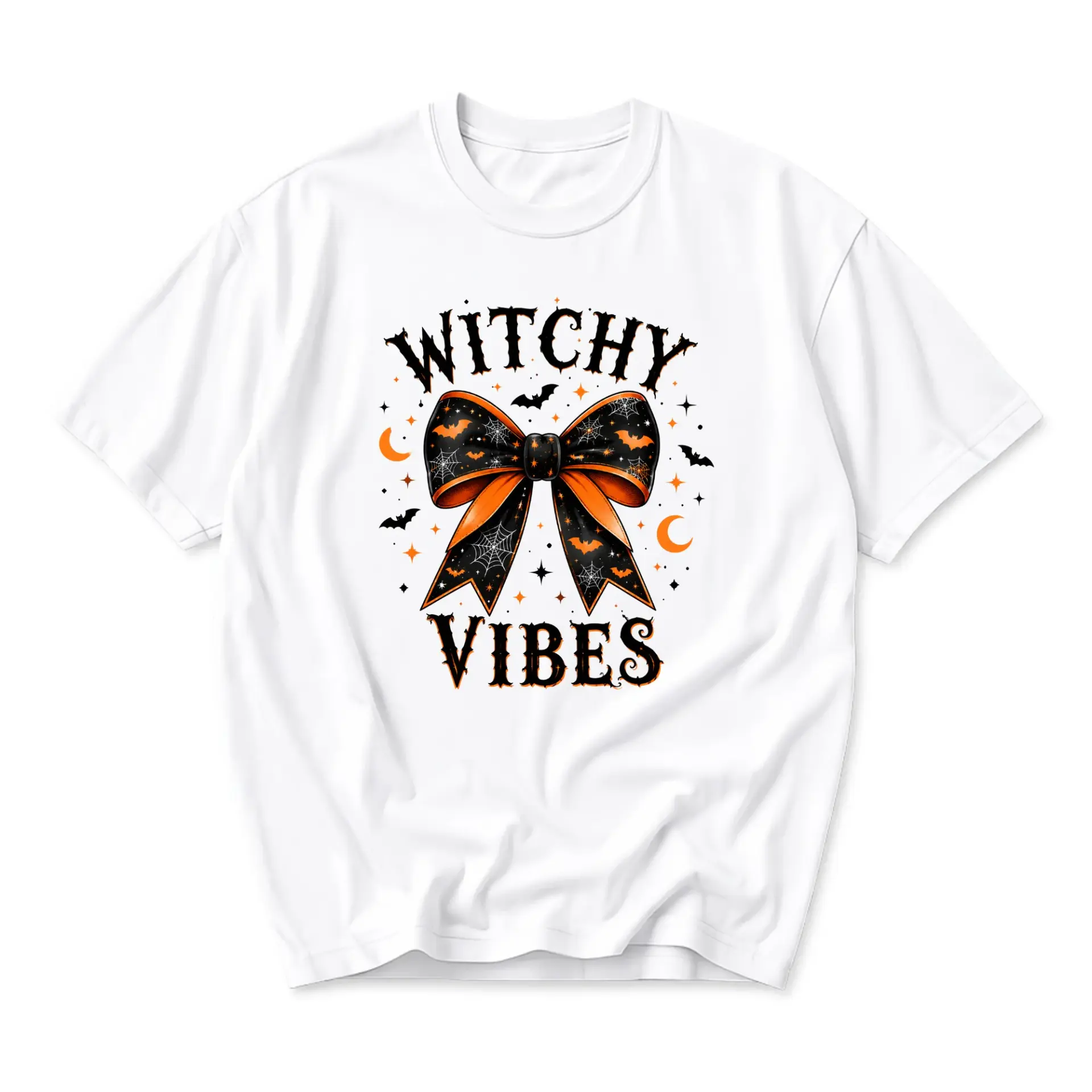 Graphic Tee Witchy Vibes Halloween Bow Shirt Unisex Casual Crew Neck Comfortable Cotton Blend Everyday Apparel Top