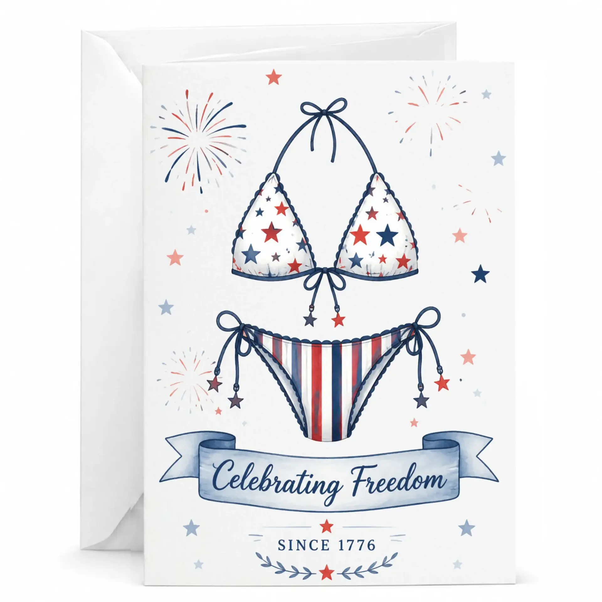 Greeting Card Celebrating Summer Patriotic Bikini Illustration for Holiday Parties and