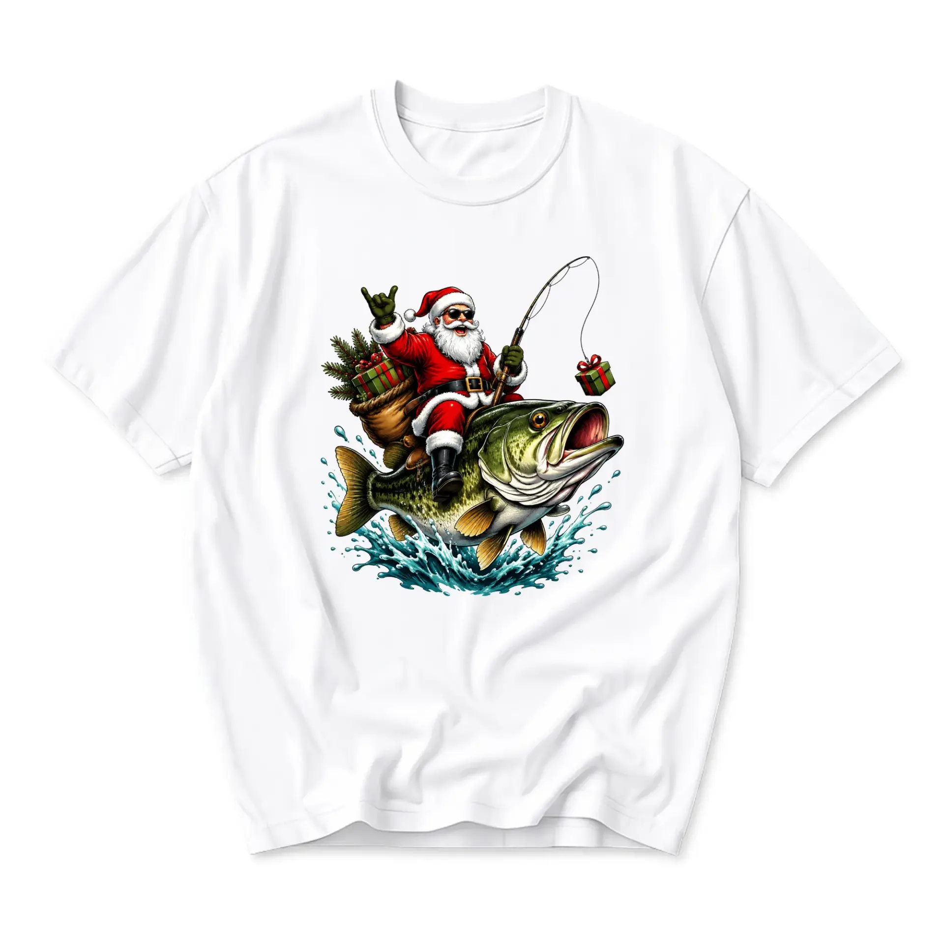 Funny Shirt Santa Claus Fishing on a Large Mouth Graphic Tee Unisex Crew