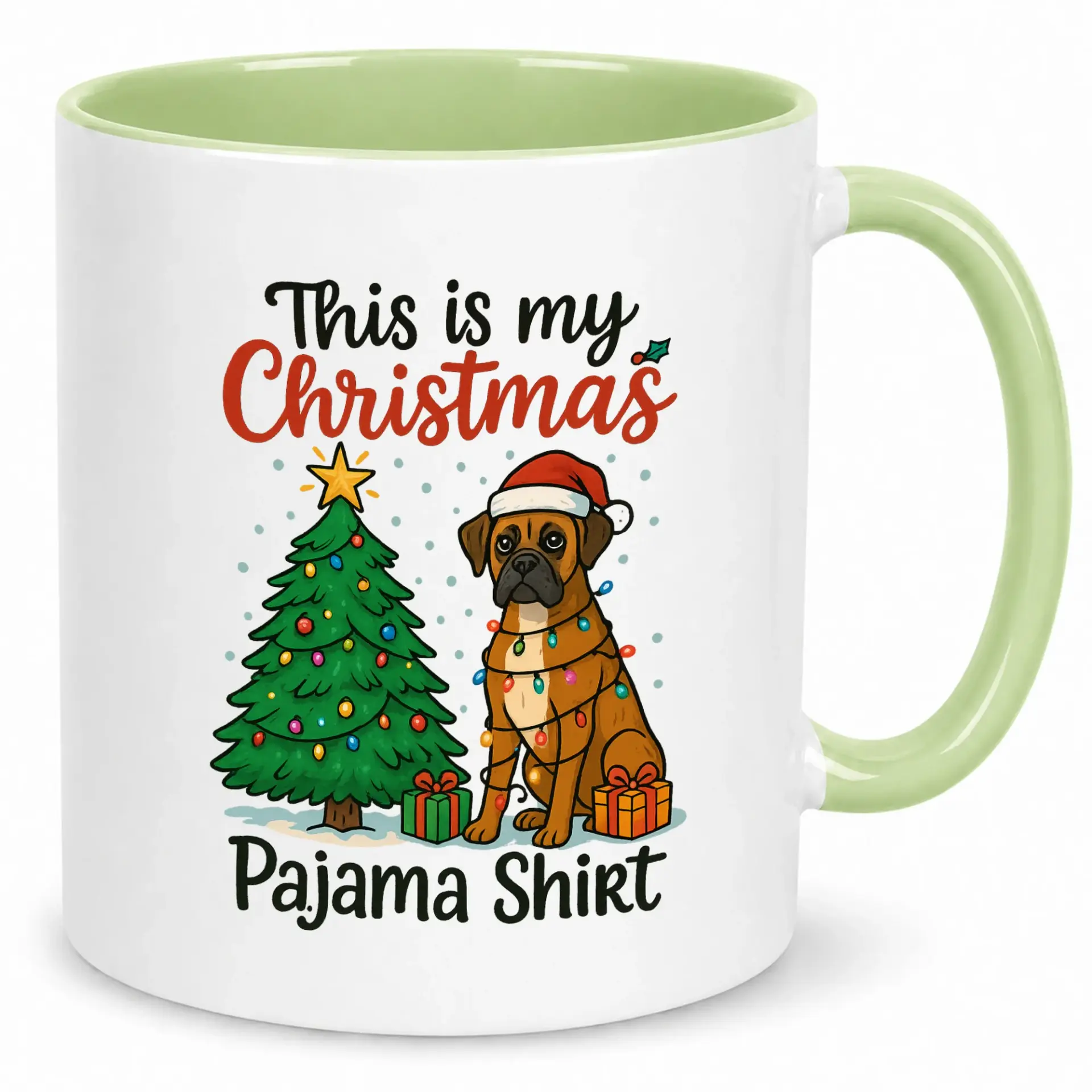 Funny Christmas Boxer Dog Coffee Mug, Festive Ceramic Beverage Cup with Holiday Lights Pet Design, Unique Gift for Dog Lovers