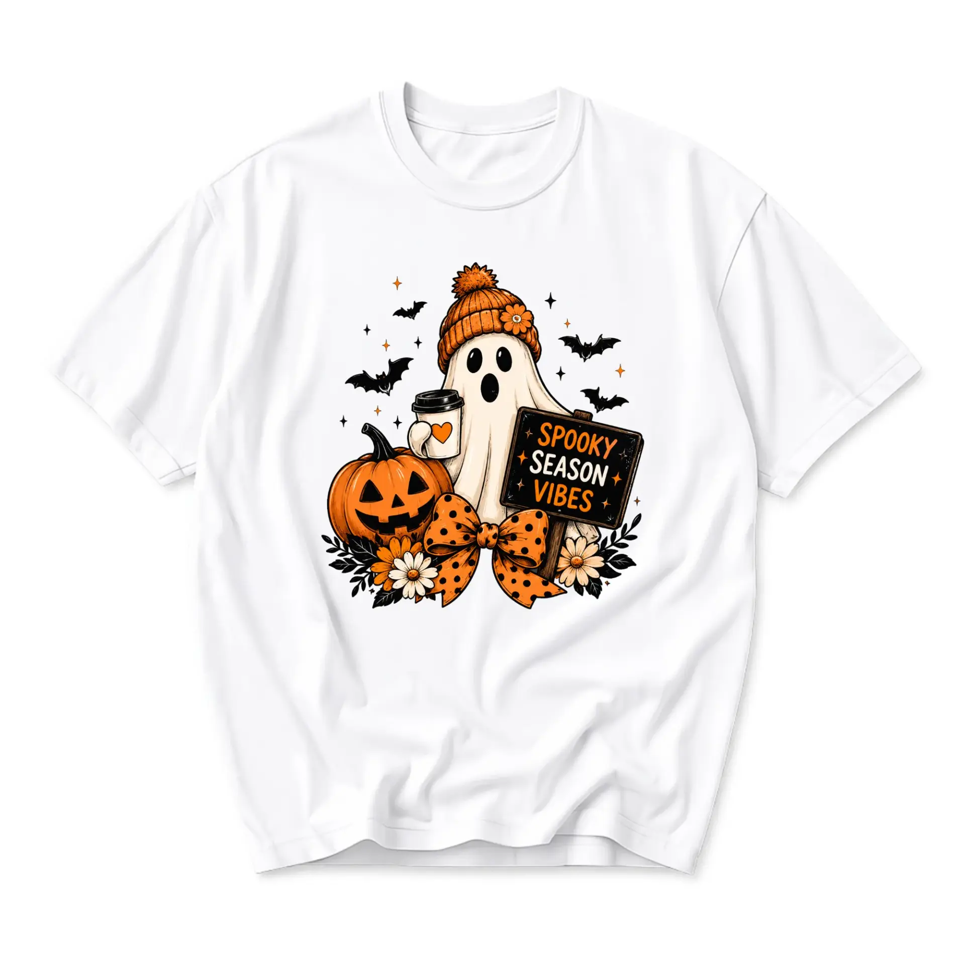 Funny Shirt Spooky Season Vibes Ghost Graphic Tee Cute Halloween Pumpkin Unisex Casual Crew Neck Graphic Printed T-Shirt