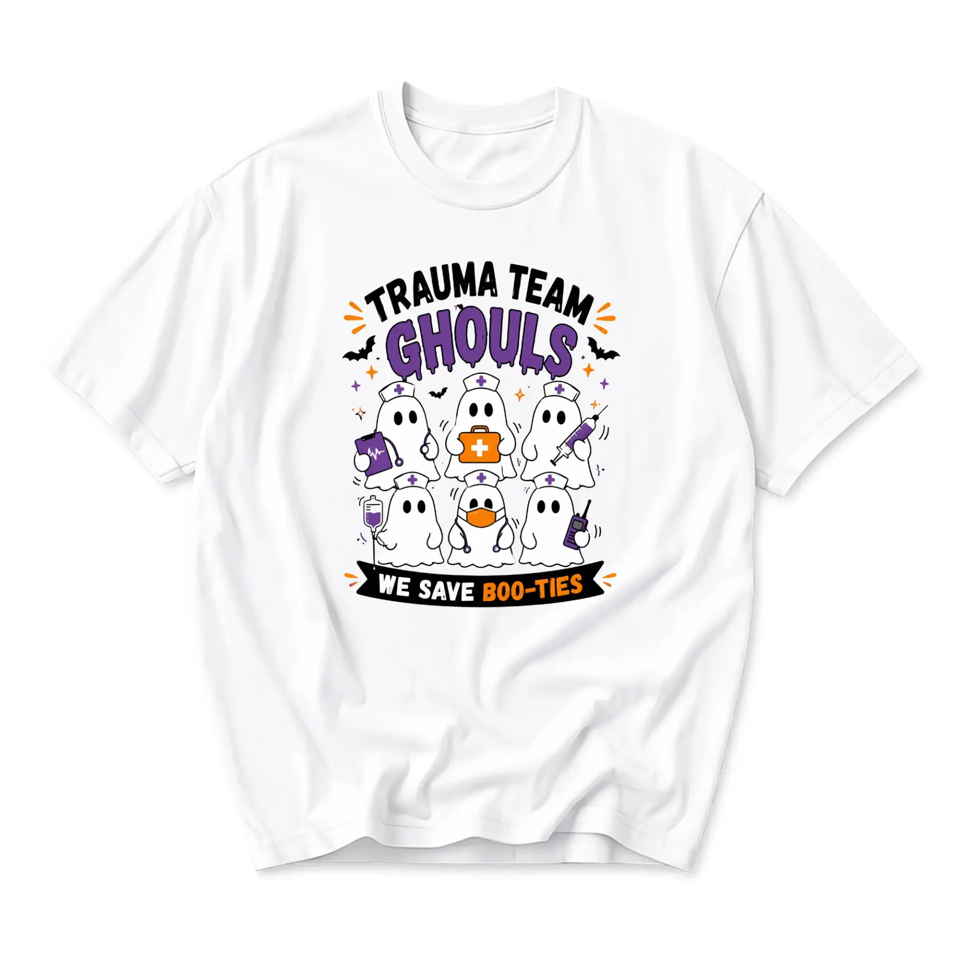 Funny Shirt Trauma Team Ghouls Ghost Medical Humor Graphic Tee Casual Unisex Crew Neck Short Sleeve Soft Cotton Top
