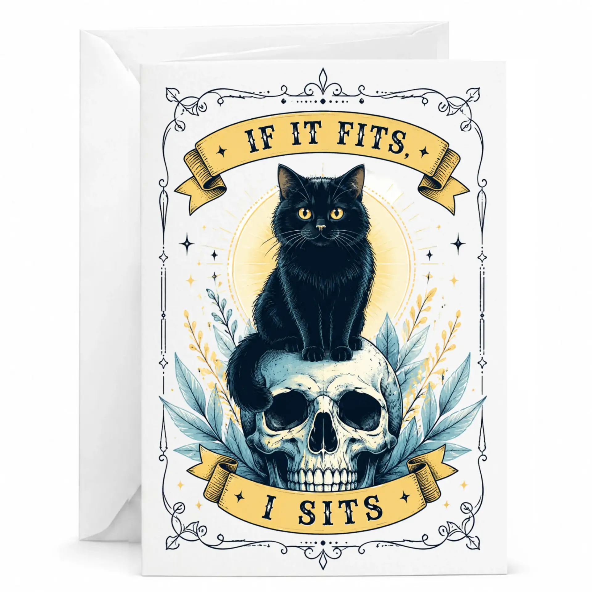 Funny Cat Greeting Card If It Fits I Whimsical Black on Skull Illustration for Birthdays and Any Occasion
