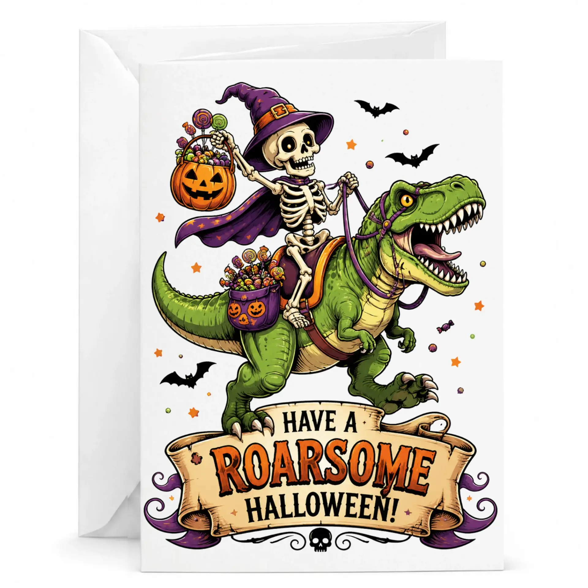 Funny Greeting Card Roarsome Halloween Skeleton Riding Dinosaur Design 5x7 Folded Note with White Envelope