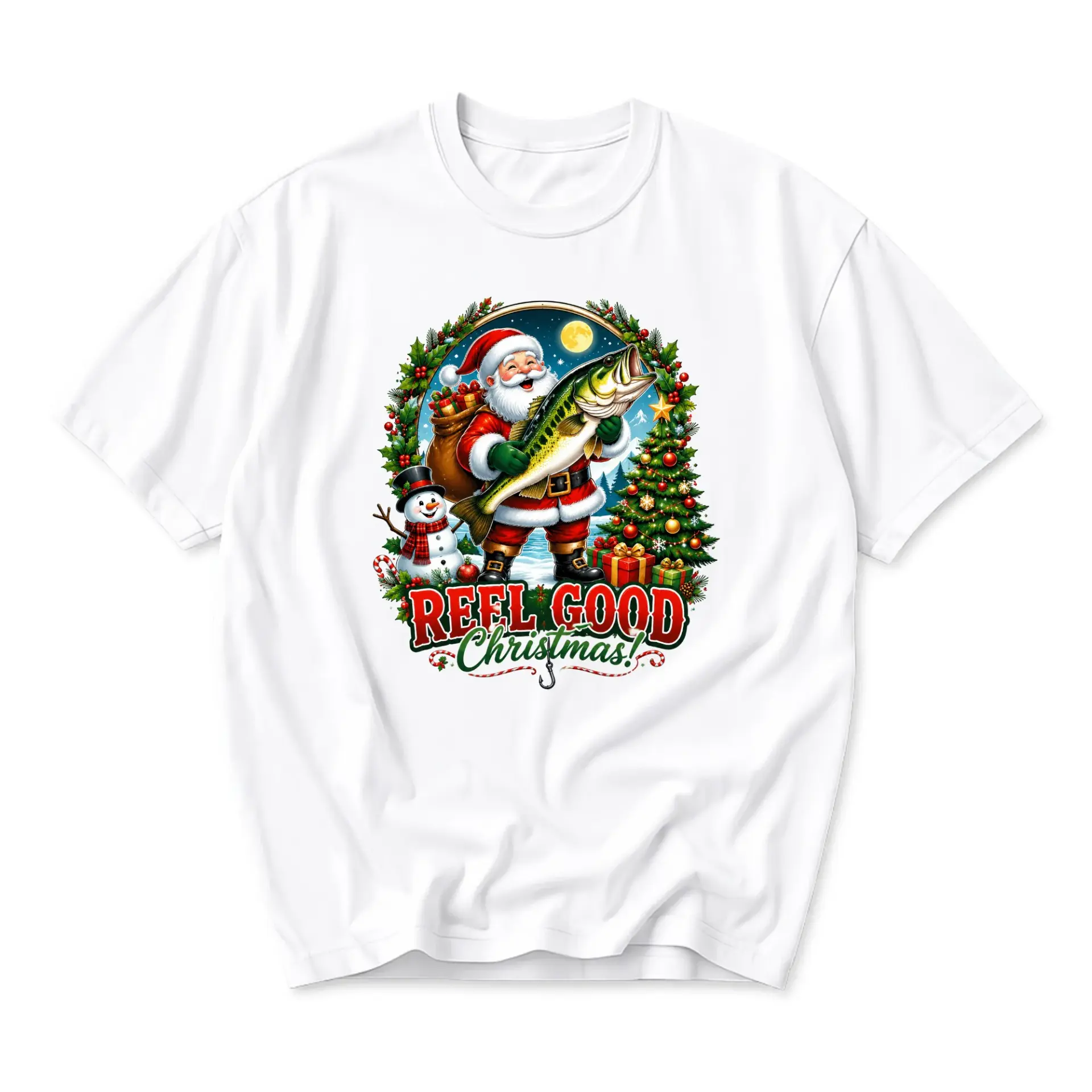 Funny Shirt Reel Good Christmas Graphic Tee Santa Claus Fishing Unisex Crew Neck Casual Cotton Blend Apparel
