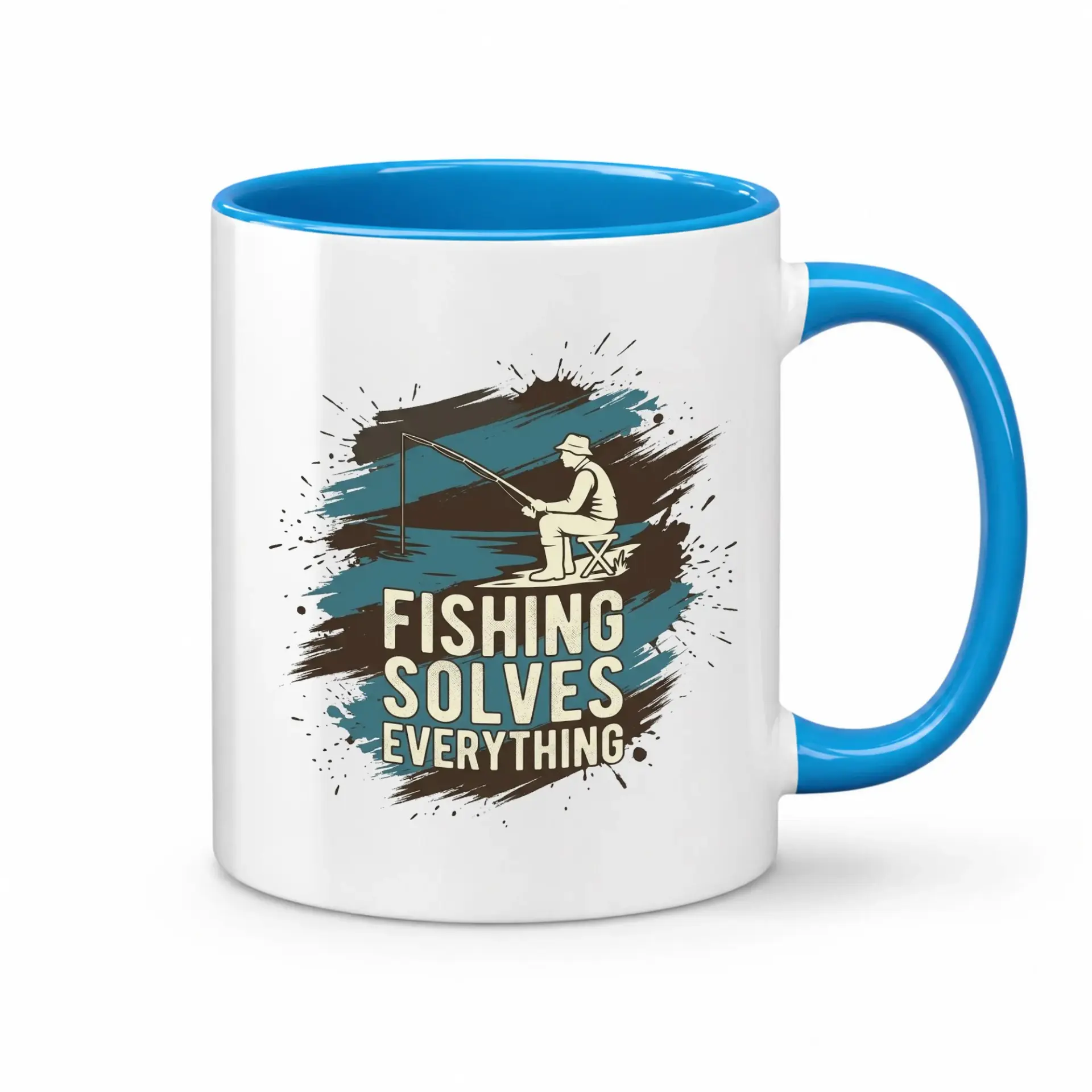 Fishing Solves Everything Two Ceramic Mug for Outdoors Lovers Featuring Artistic Fisherman Silhouette Graphic Design