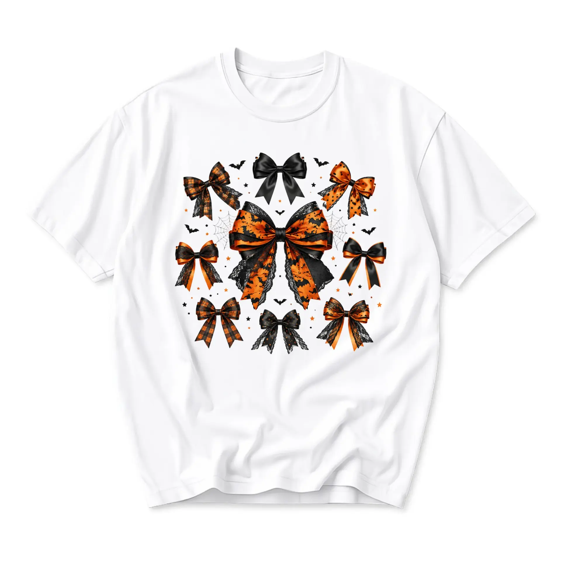Graphic Tee Halloween Seasonal Bow Pattern Print Unisex Casual Crew Neck T-Shirt for Everyday Comfortable Wear