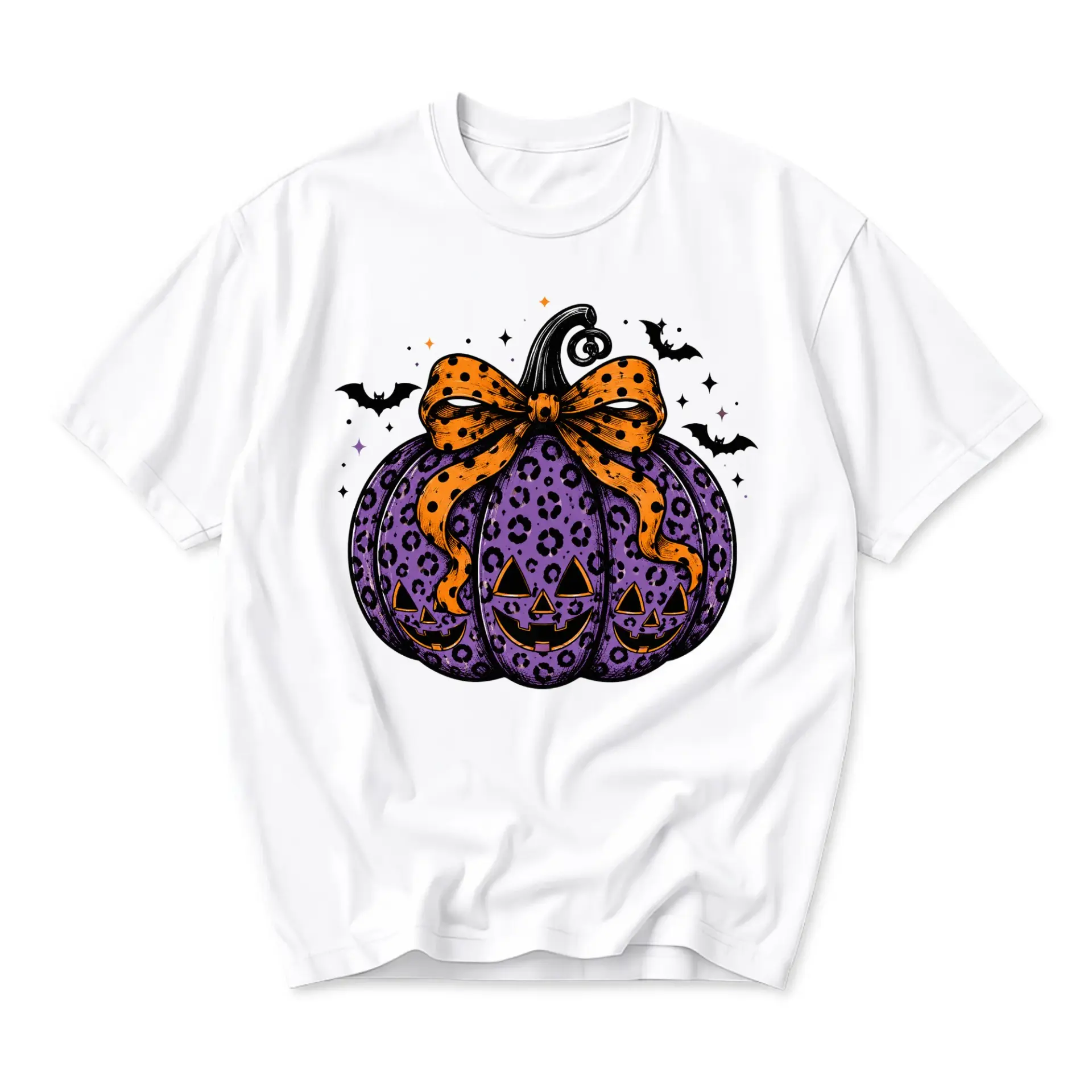 Graphic Tee Purple Leopard Pumpkin Print Unisex Casual Crew Neck T-Shirt for Seasonal Fall Autumn Festive Apparel