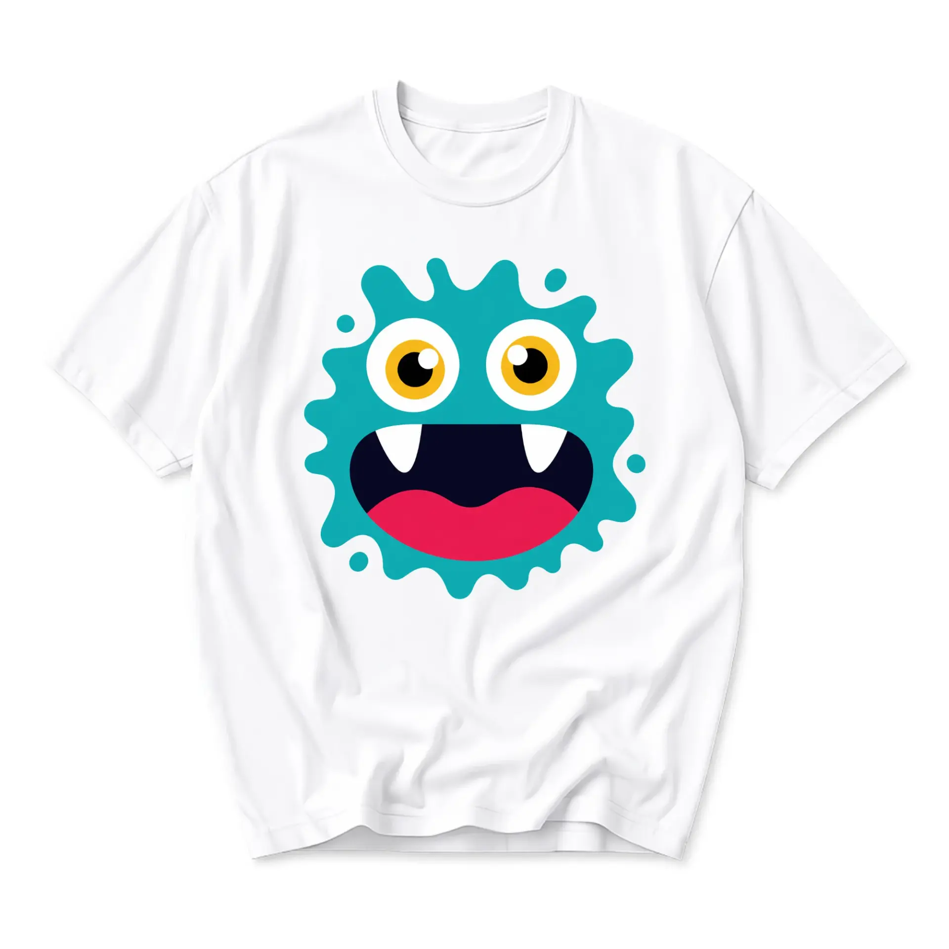 Graphic Tee Unisex Crew Neck Short Sleeve Cotton Blend Shirt Featuring Vibrant Blue Splat Monster Face Illustration