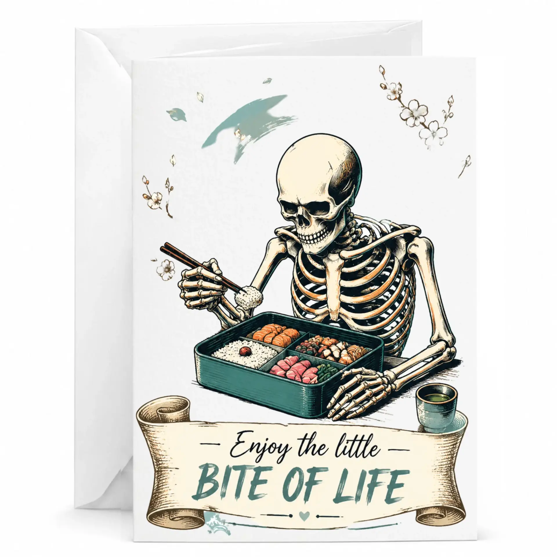 Funny Skeleton Eating Sushi Greeting Card with Envelope for Food Lovers and Enthusiasts Whimsical Art 5x7 Folded Note