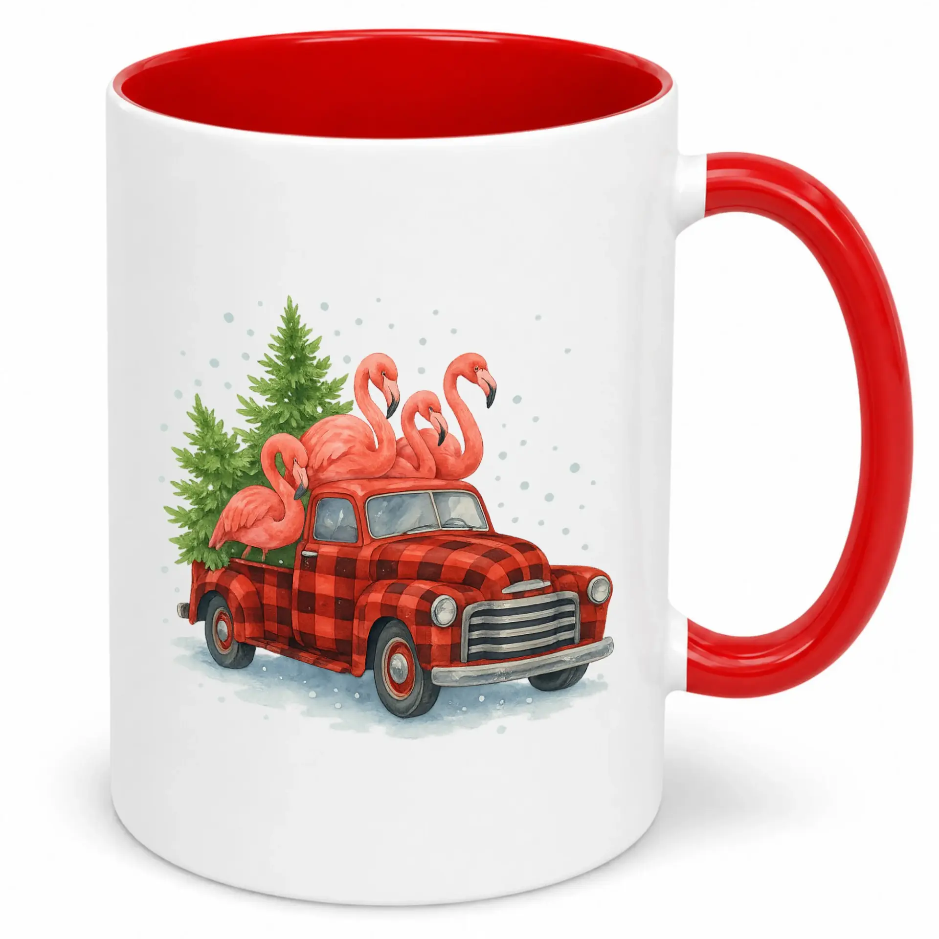 Ceramic Coffee Mug with Festive Red Plaid Truck, Tropical Flamingos, and Christmas Tree Design, Unique Holiday Winter Beverage Cup