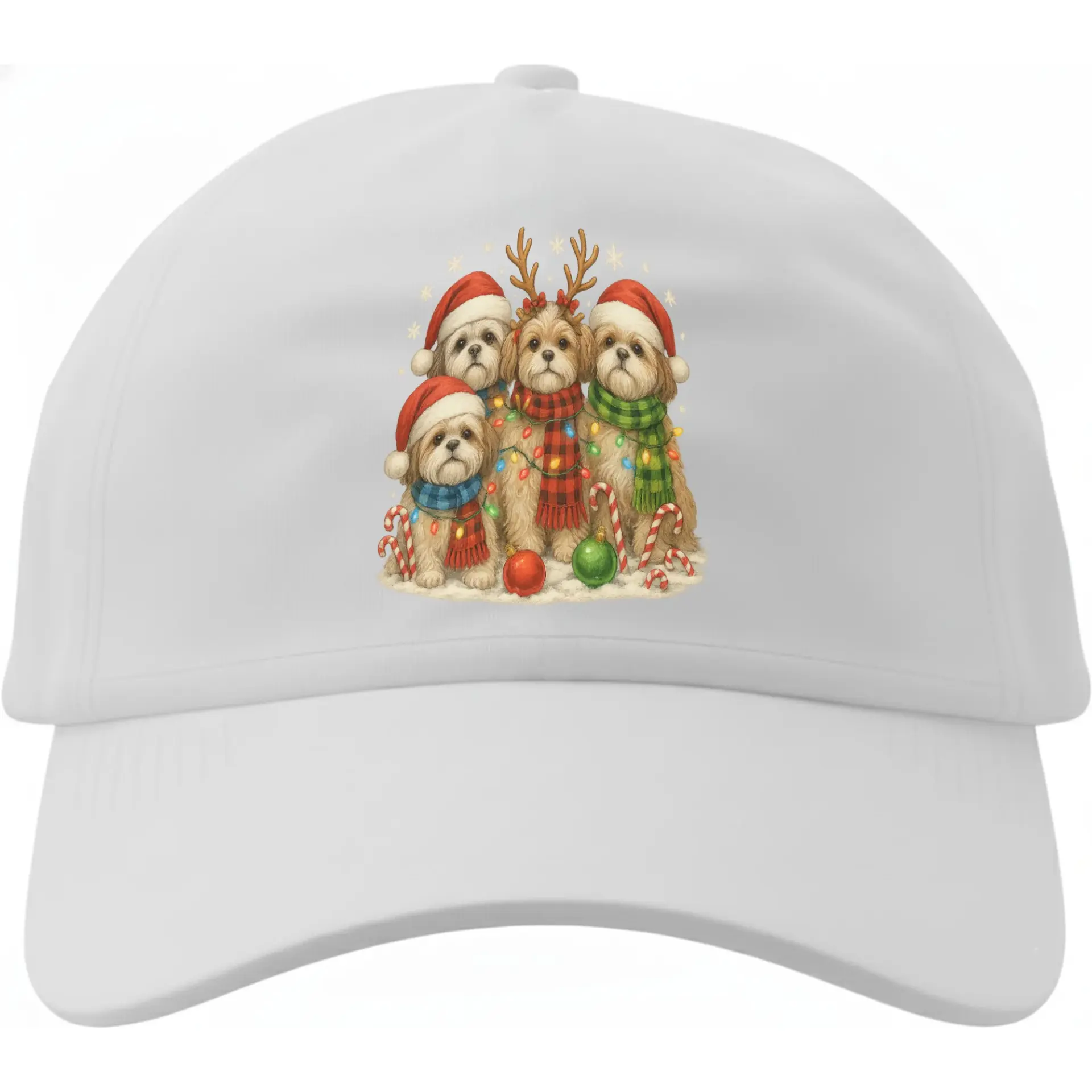 Baseball Cap Featuring Festive Shih Tzu Dogs Wearing Holiday Accessories Including Santa Hats Scarves and Reindeer Antlers