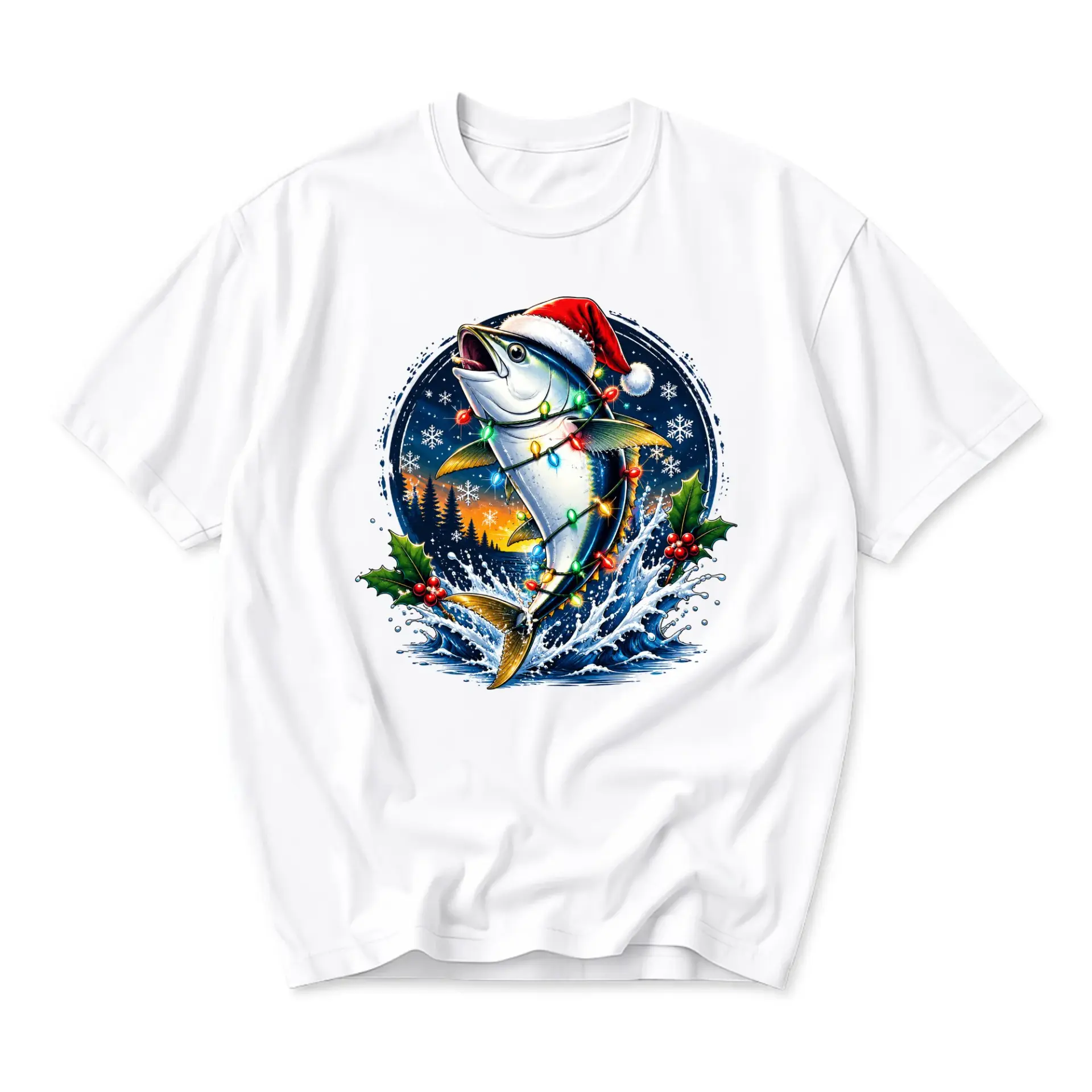 Graphic Tee Unisex Holiday Fishing T-Shirt Featuring Festive Fish Wearing a Santa Hat with Christmas Lights Design